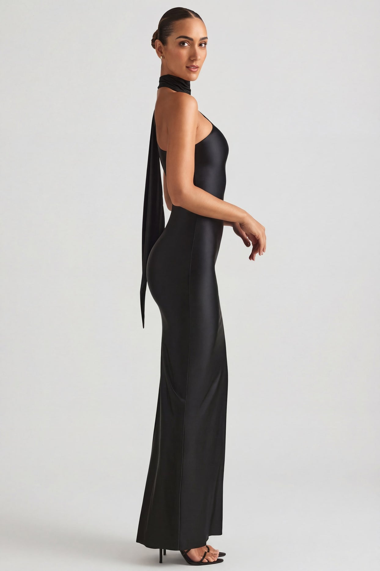 Asymmetric Scarf-Detail Maxi Dress in Black - 8