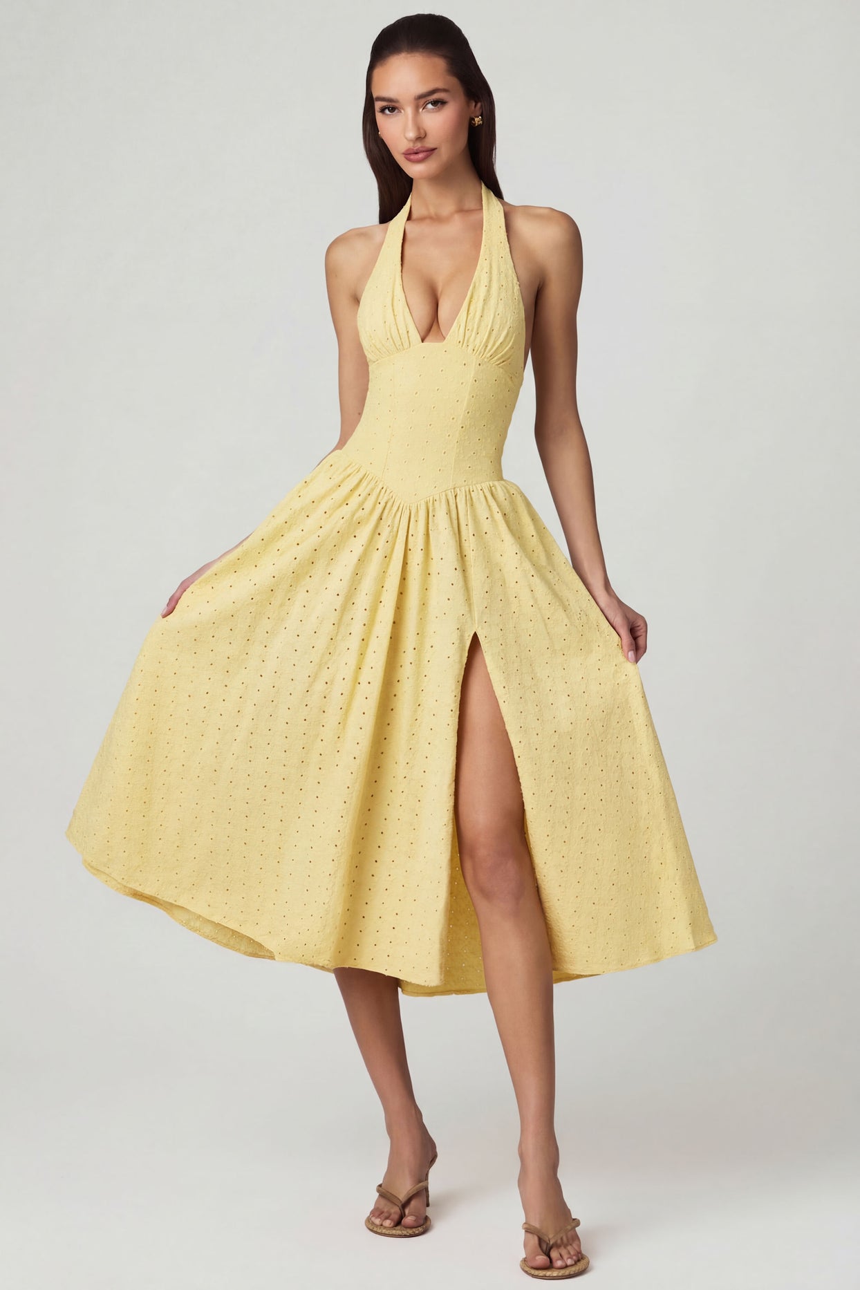 Modal Broderie Anglaise Halterneck Midaxi Dress in Lemon Yellow - 6