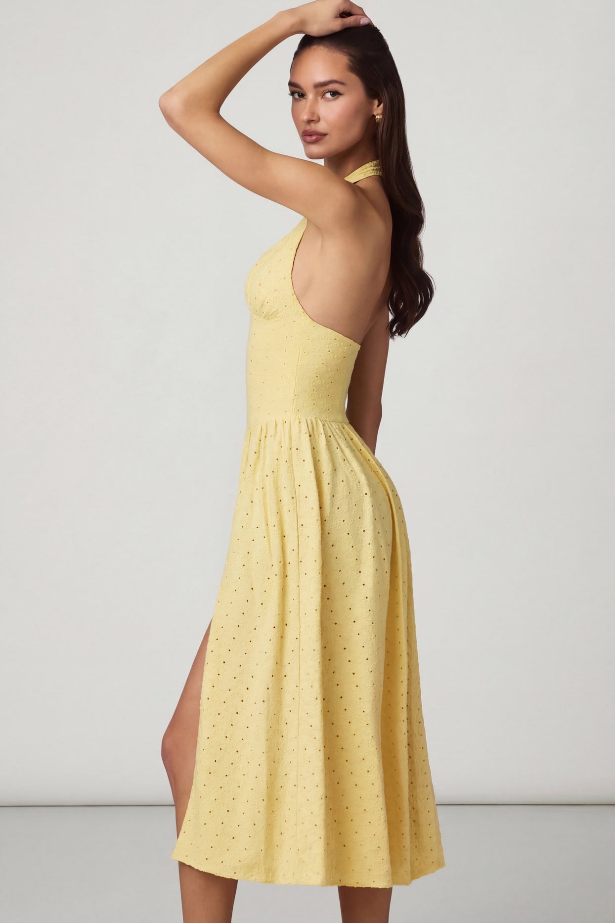 Modal Broderie Anglaise Halterneck Midaxi Dress in Lemon Yellow - 7