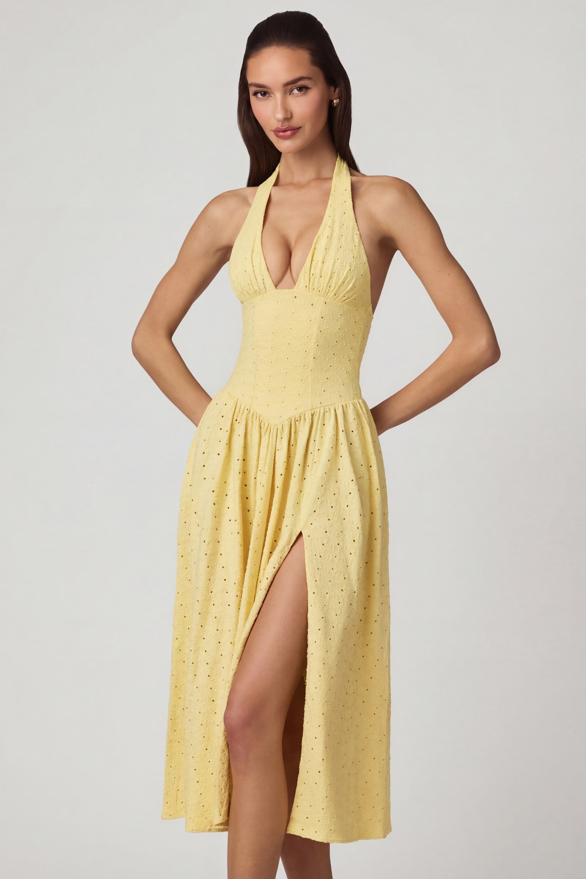 Farrah Broderie Anglaise Halterneck Midaxi Dress in Lemon Yellow