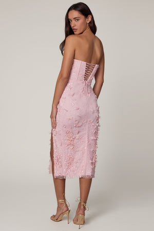 Oh Polly's Roberta wearing the Eudora Midi Dress in Ballet Pink Embellished fabric perfect for romantic date nights