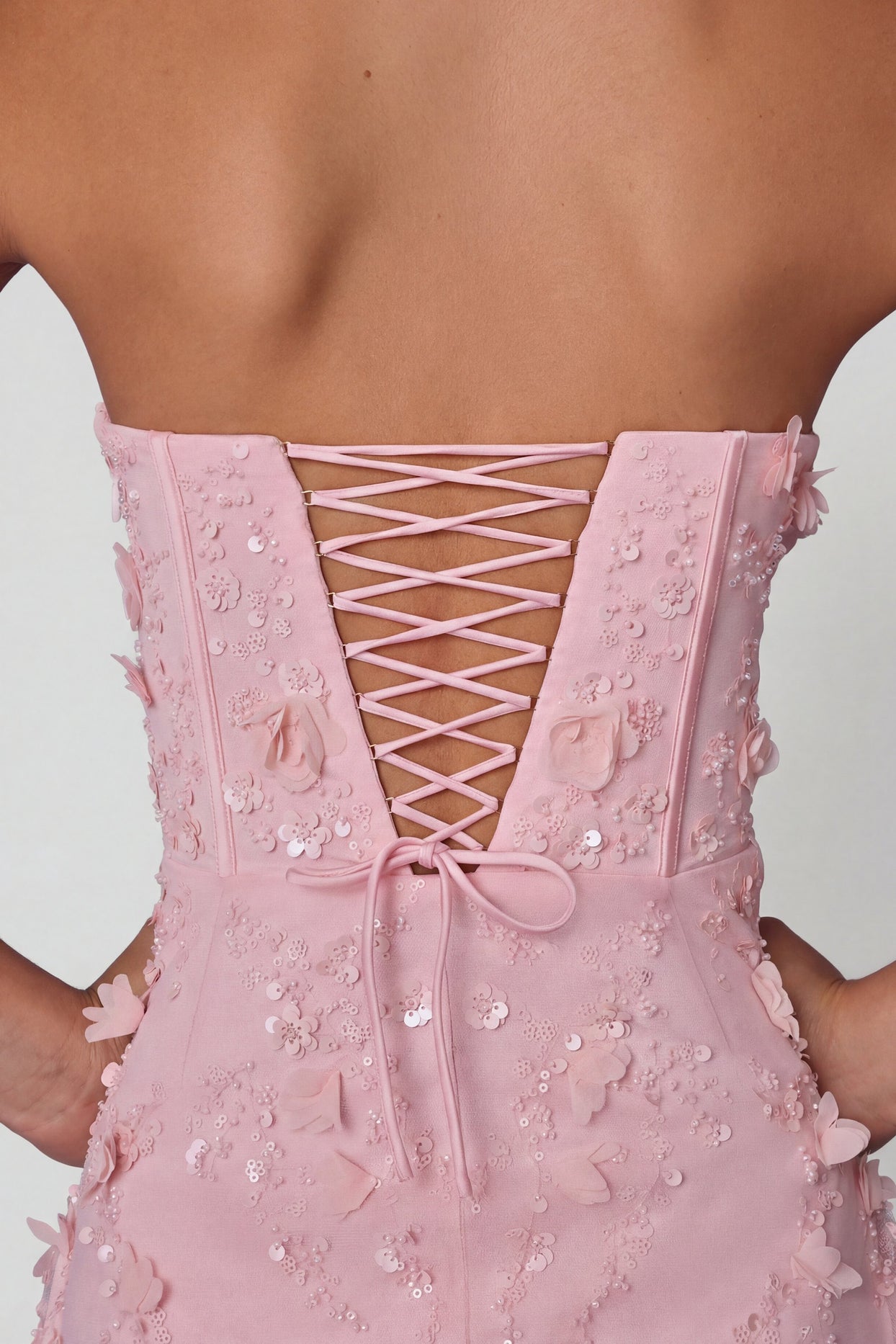 Lace-Up Corset Midaxi Dress with Split in Soft Pink - 5