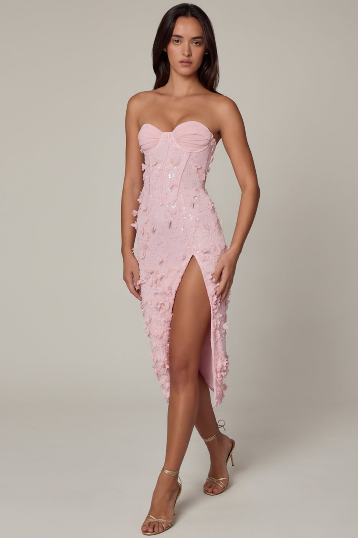 Lace-Up Corset Midaxi Dress with Split in Soft Pink - 7