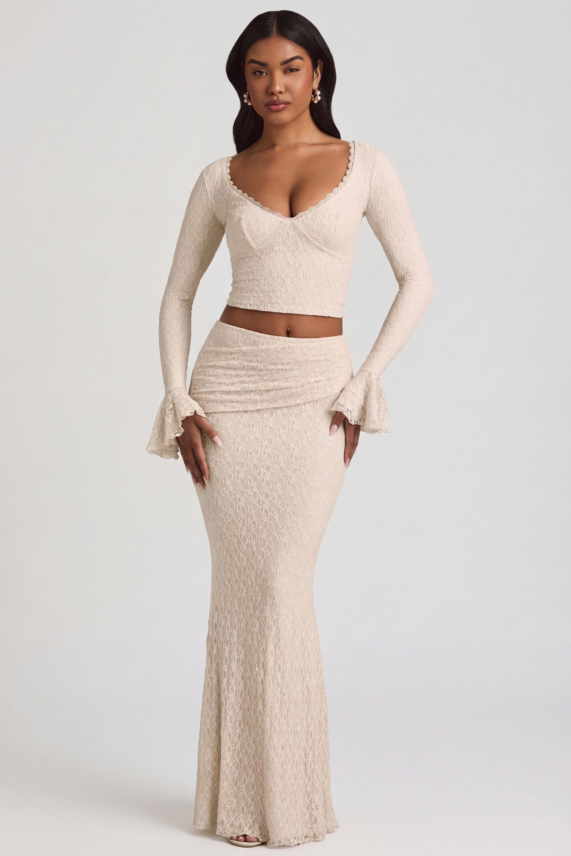 Dagny Ruffle Long-Sleeve Lace Top in Ivory | Oh Polly – Oh Polly US