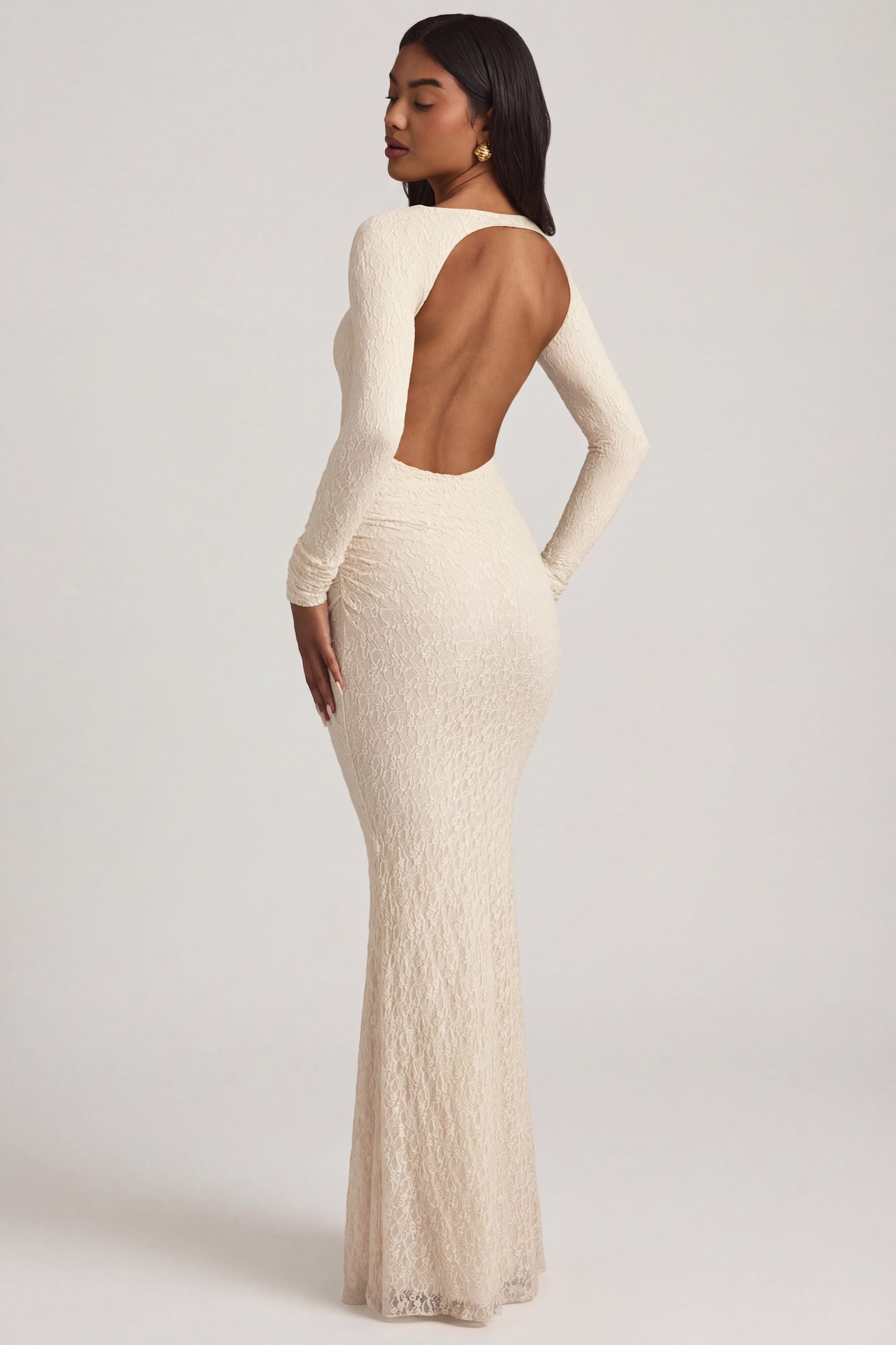 Ruched Backless Lace Maxi Dress in Ivory - XS