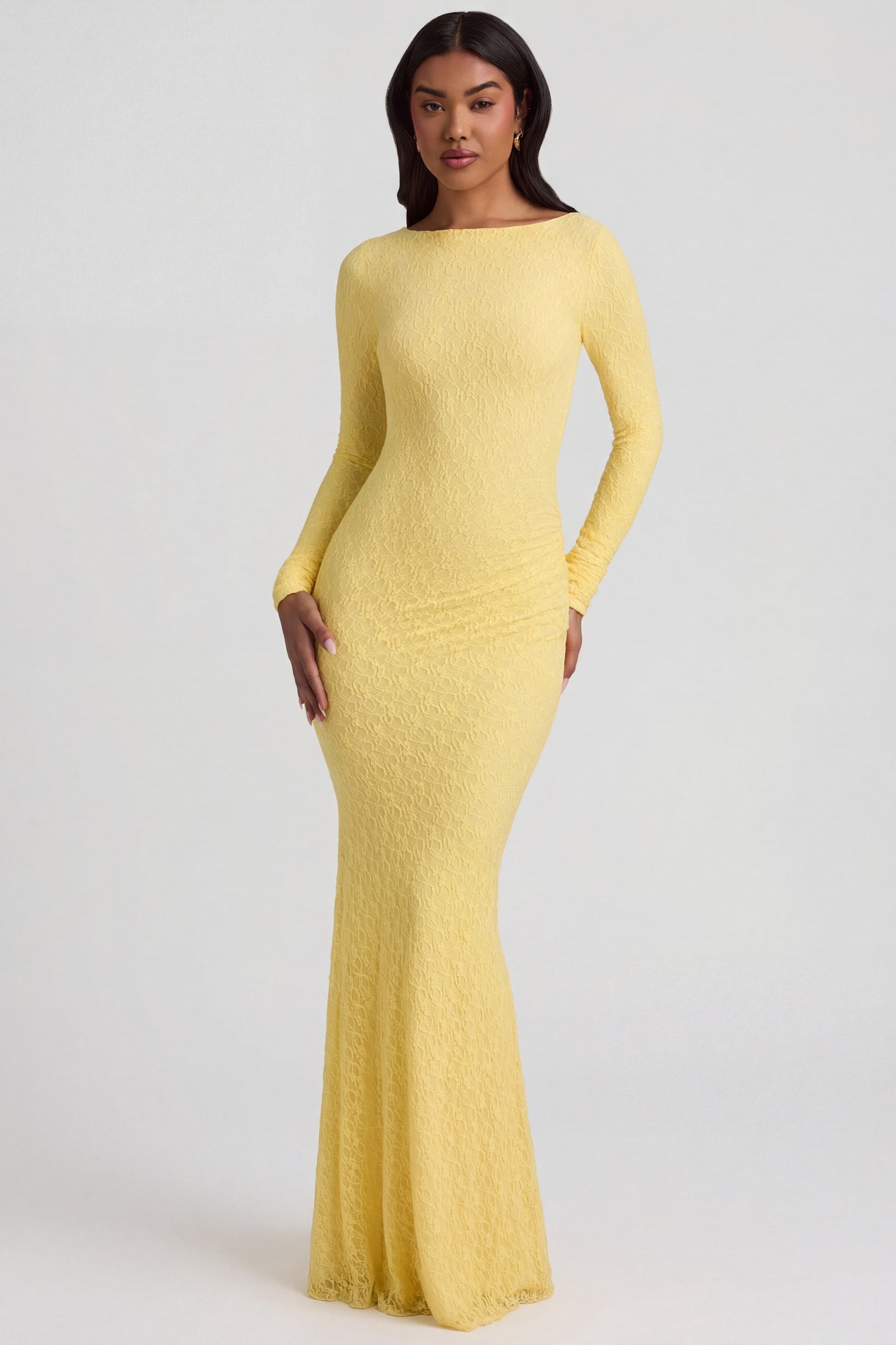 Ruched Backless Lace Maxi Dress in Pastel Yellow