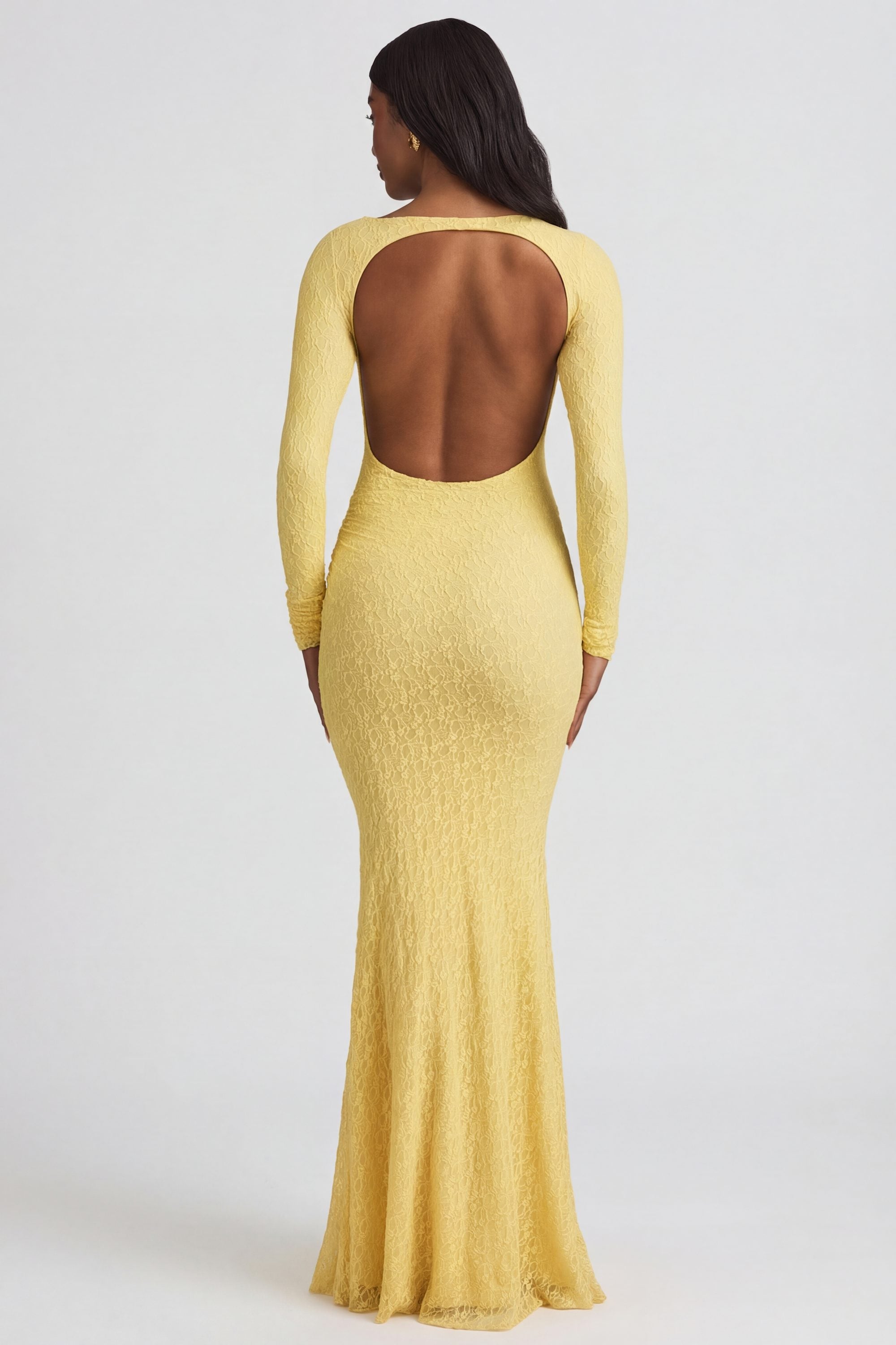 Ruched Backless Lace Maxi Dress in Pastel Yellow