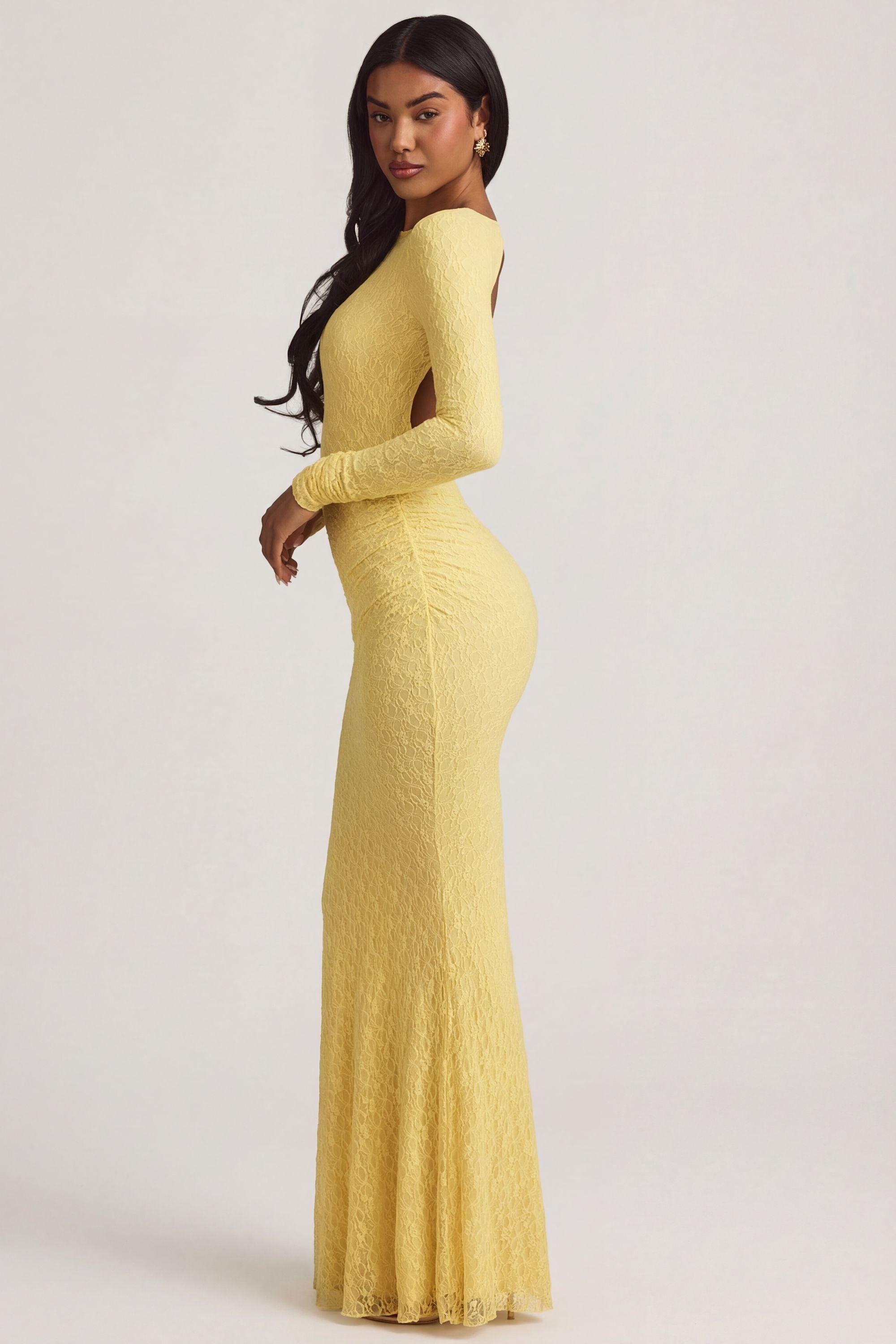 Ruched Backless Lace Maxi Dress in Pastel Yellow