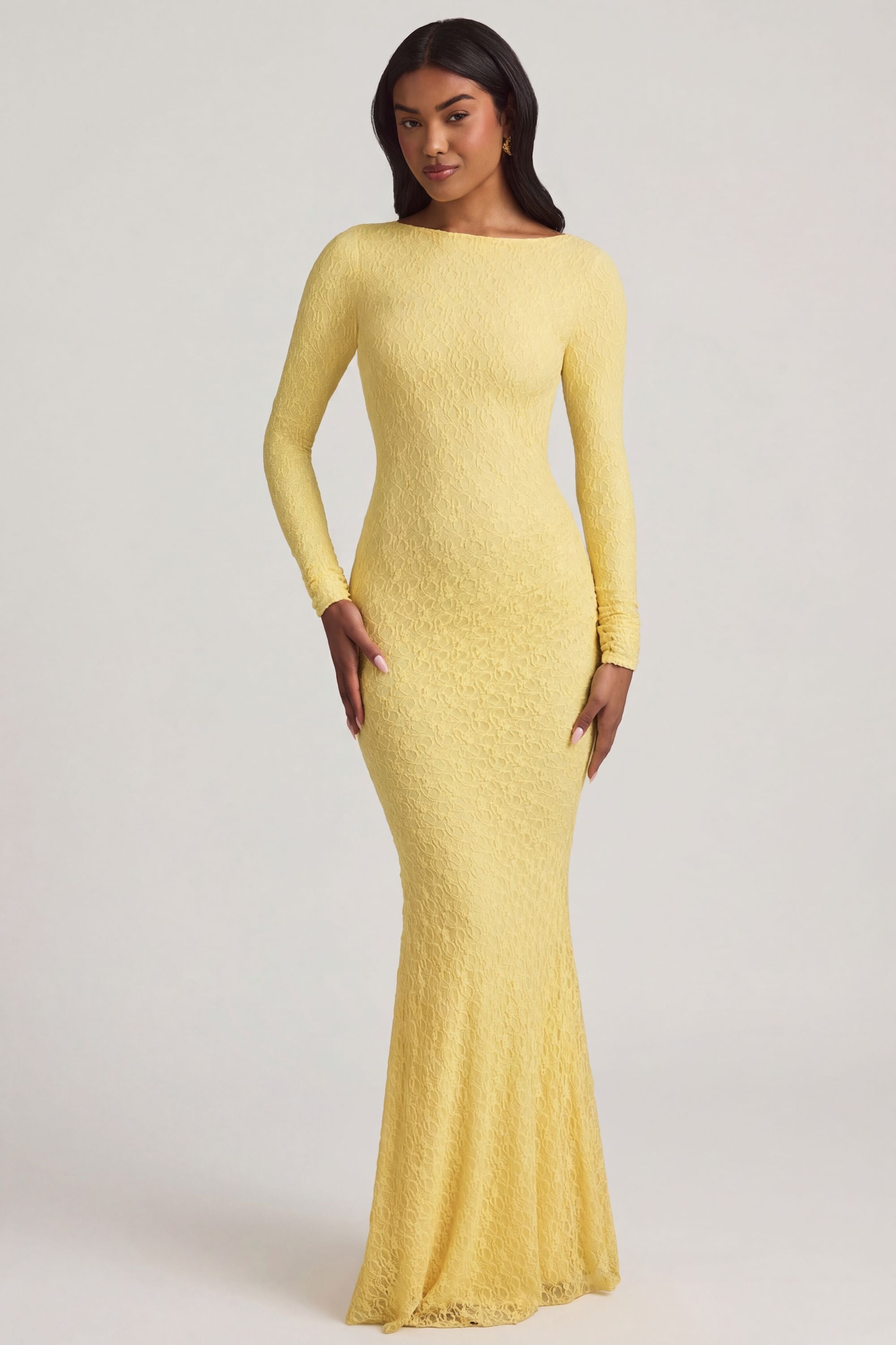 Tarini Ruched Backless Lace Maxi Dress in Pastel Yellow | Oh Polly
