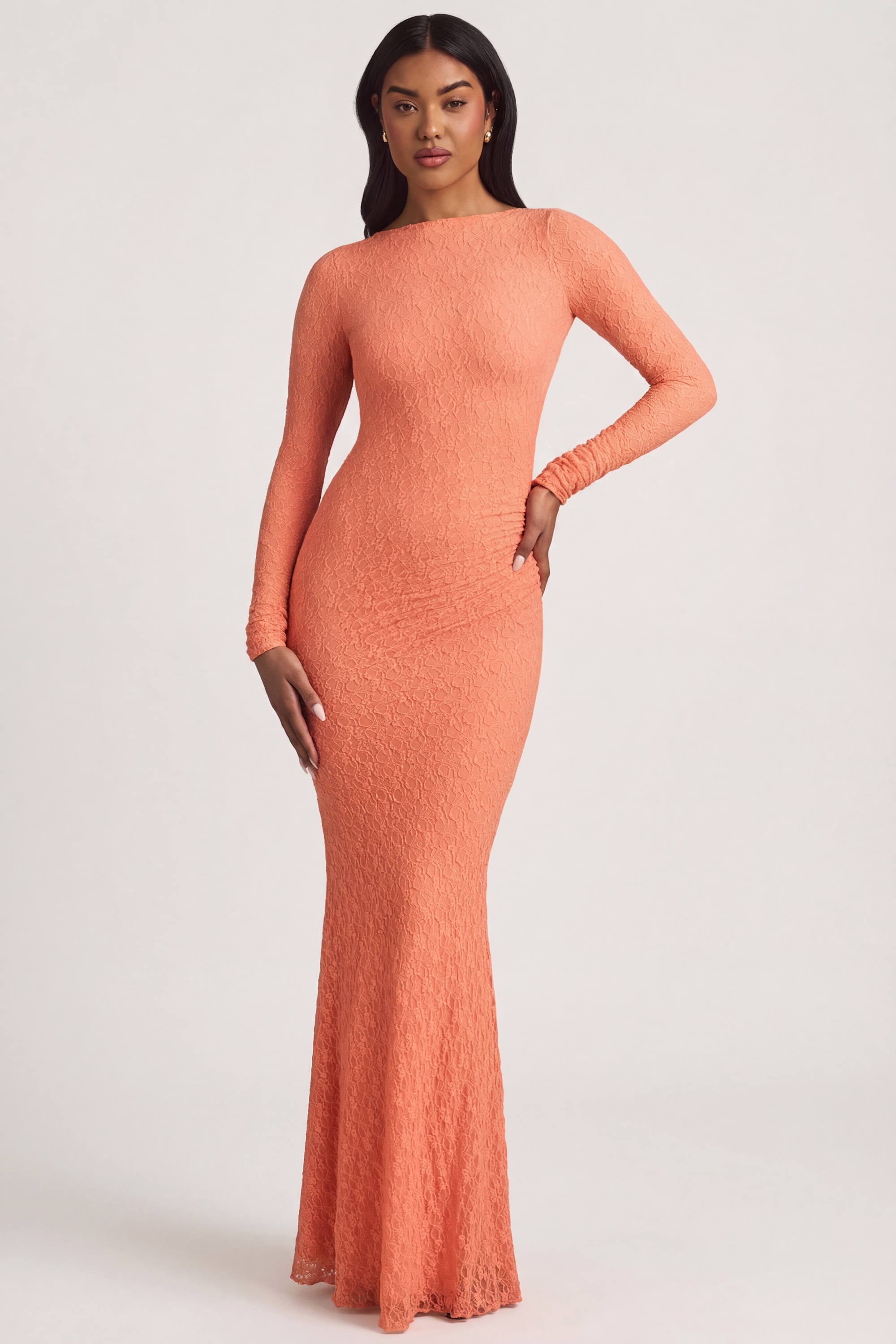 Tarini Ruched Backless Lace Maxi Dress in Peach | Oh Polly – Oh