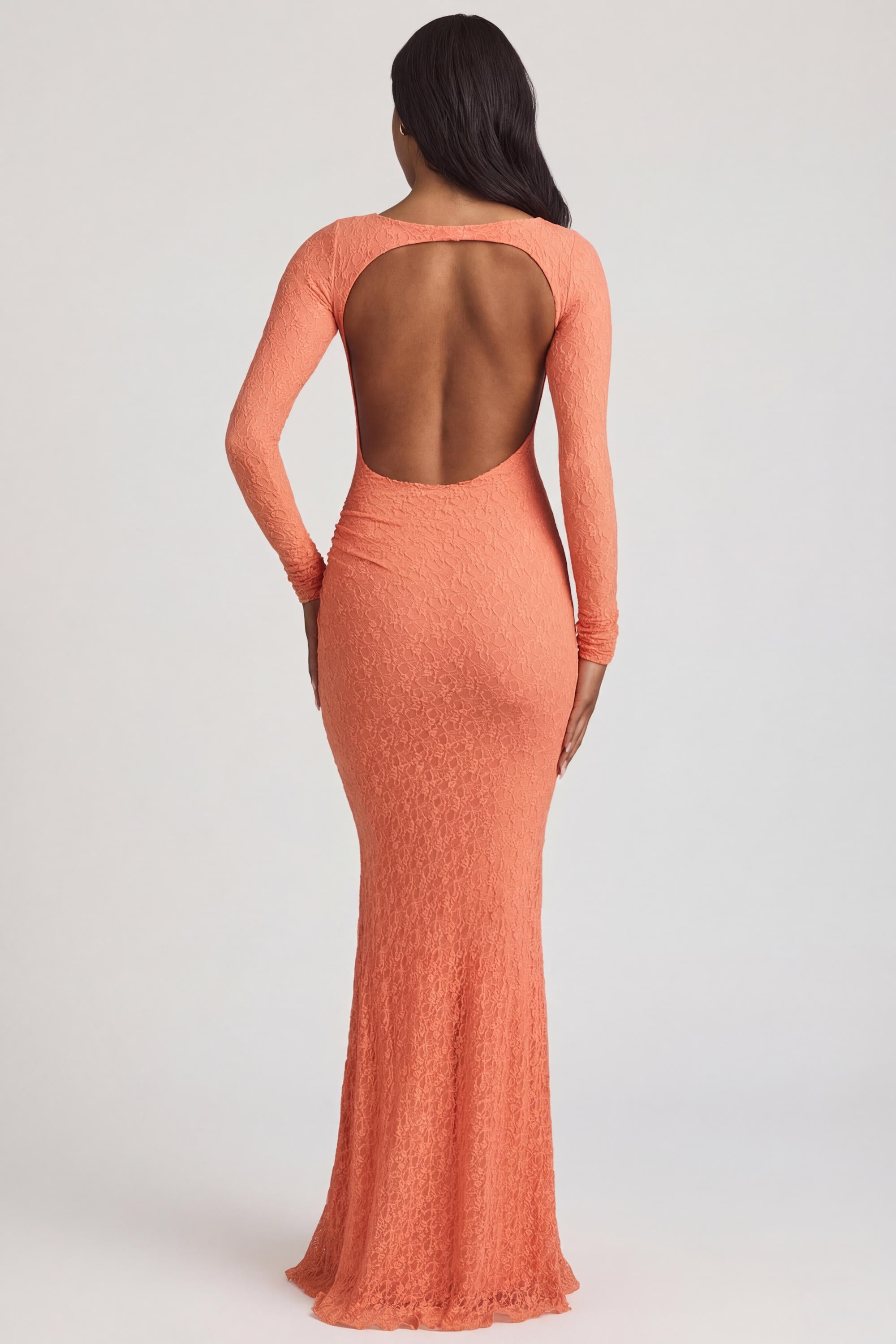 Ruched Backless Lace Maxi Dress in Peach