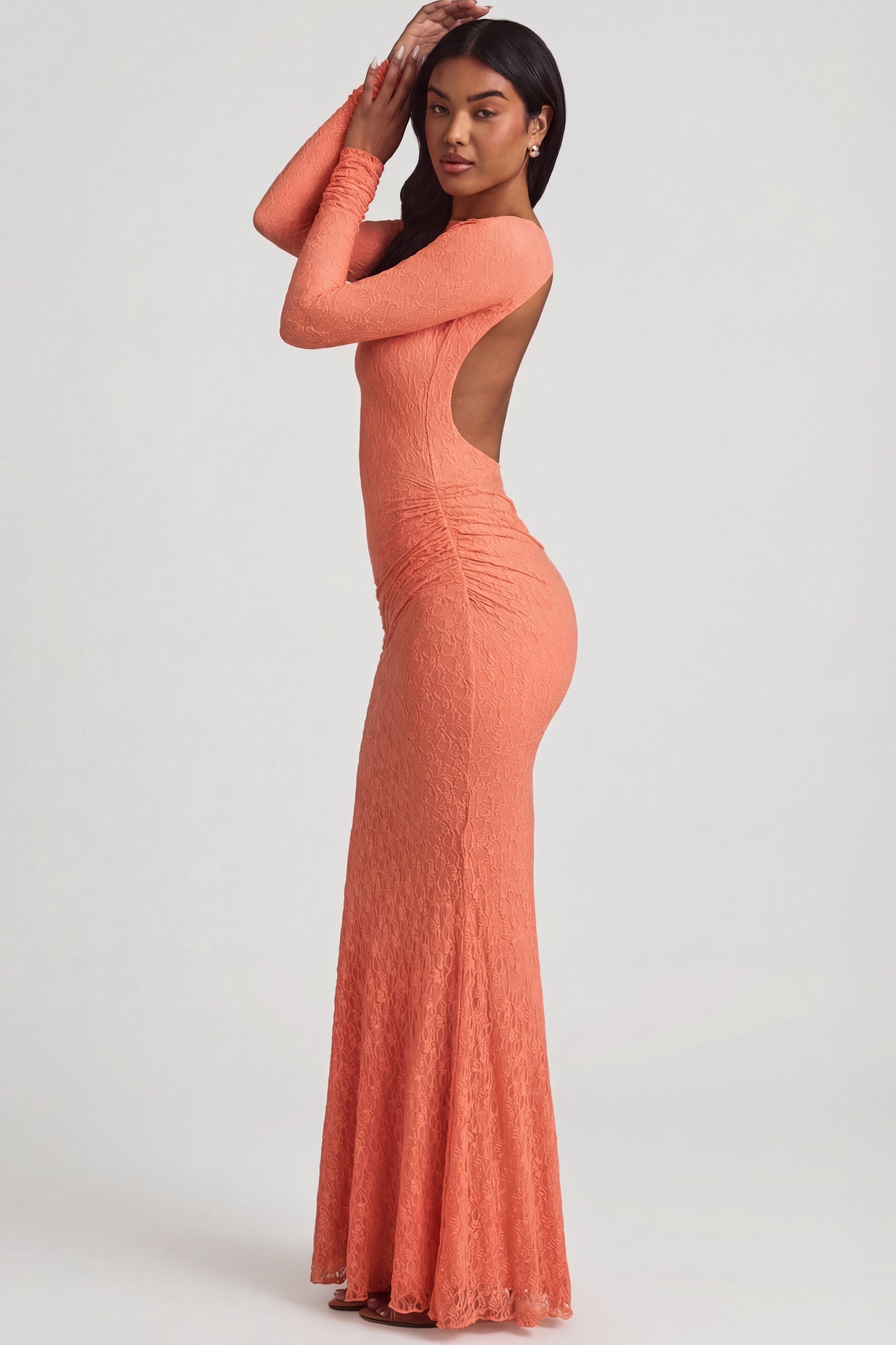 Ruched Backless Lace Maxi Dress in Peach