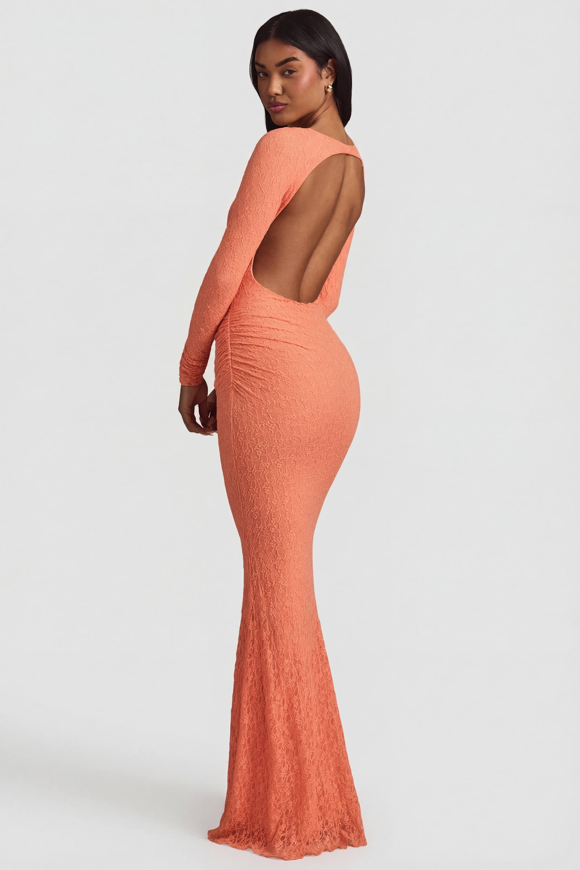 Ruched Backless Lace Maxi Dress in Peach - S