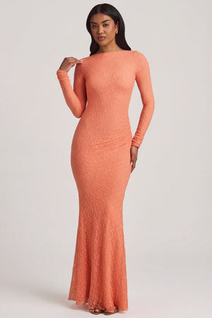 Ruched Backless Lace Maxi Dress in Peach - S | Oh Polly Ruched Backless Lace Maxi Dress in Peach - S | Oh Polly
