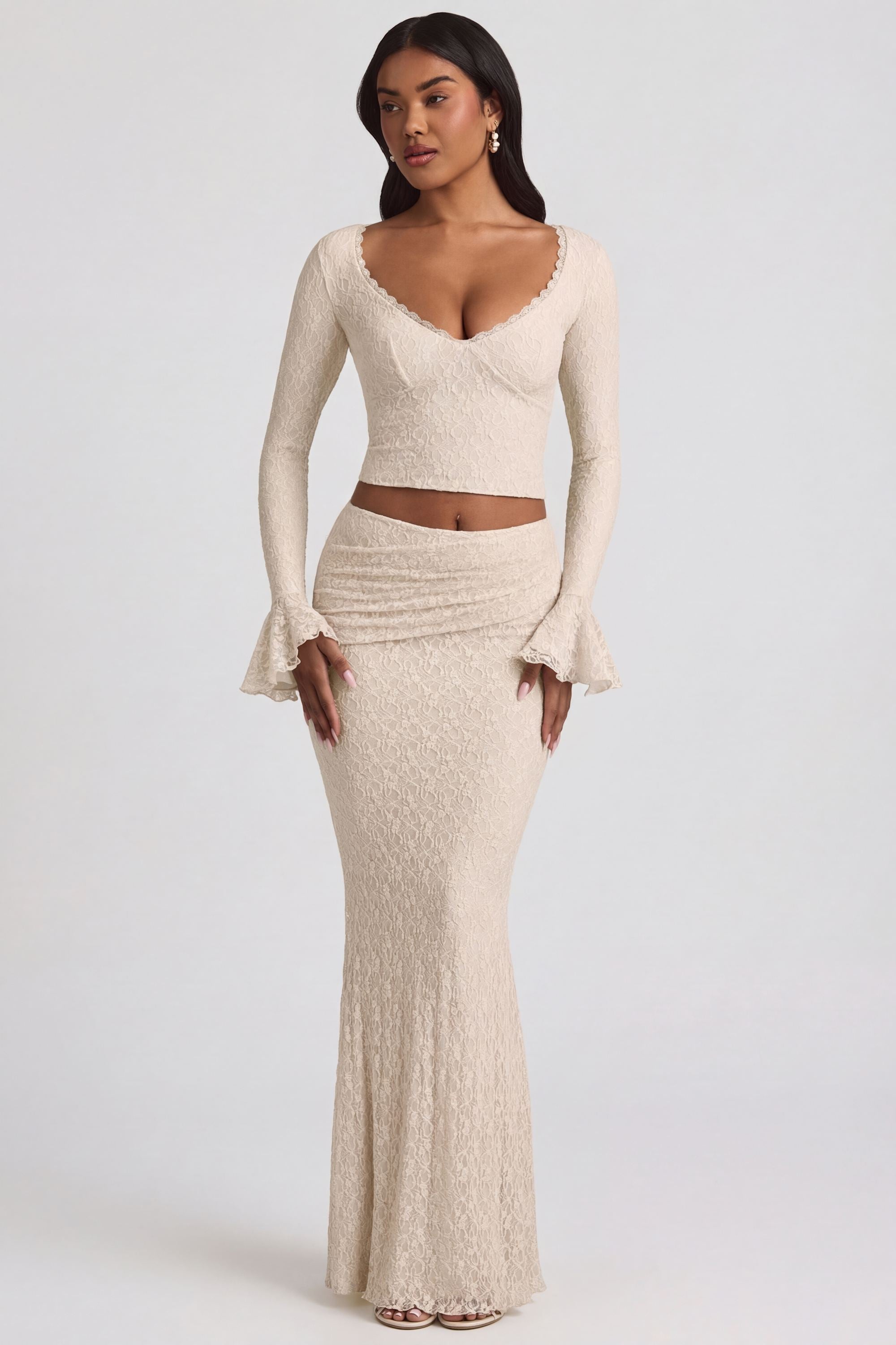 Vanda Draped Low-Rise Lace Maxi Skirt in Ivory | Oh Polly
