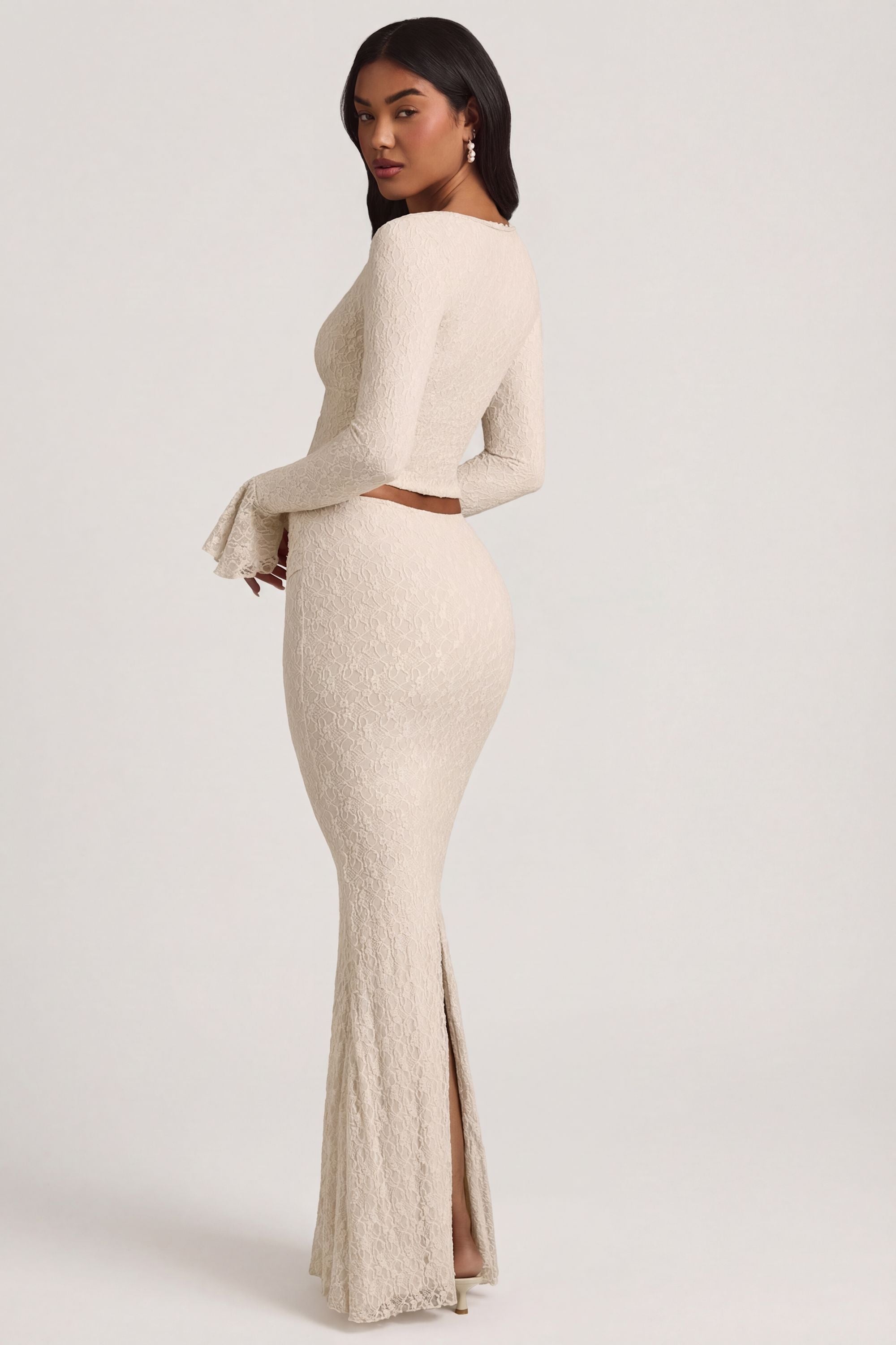 Vanda Draped Low-Rise Lace Maxi Skirt in Ivory | Oh Polly – Oh
