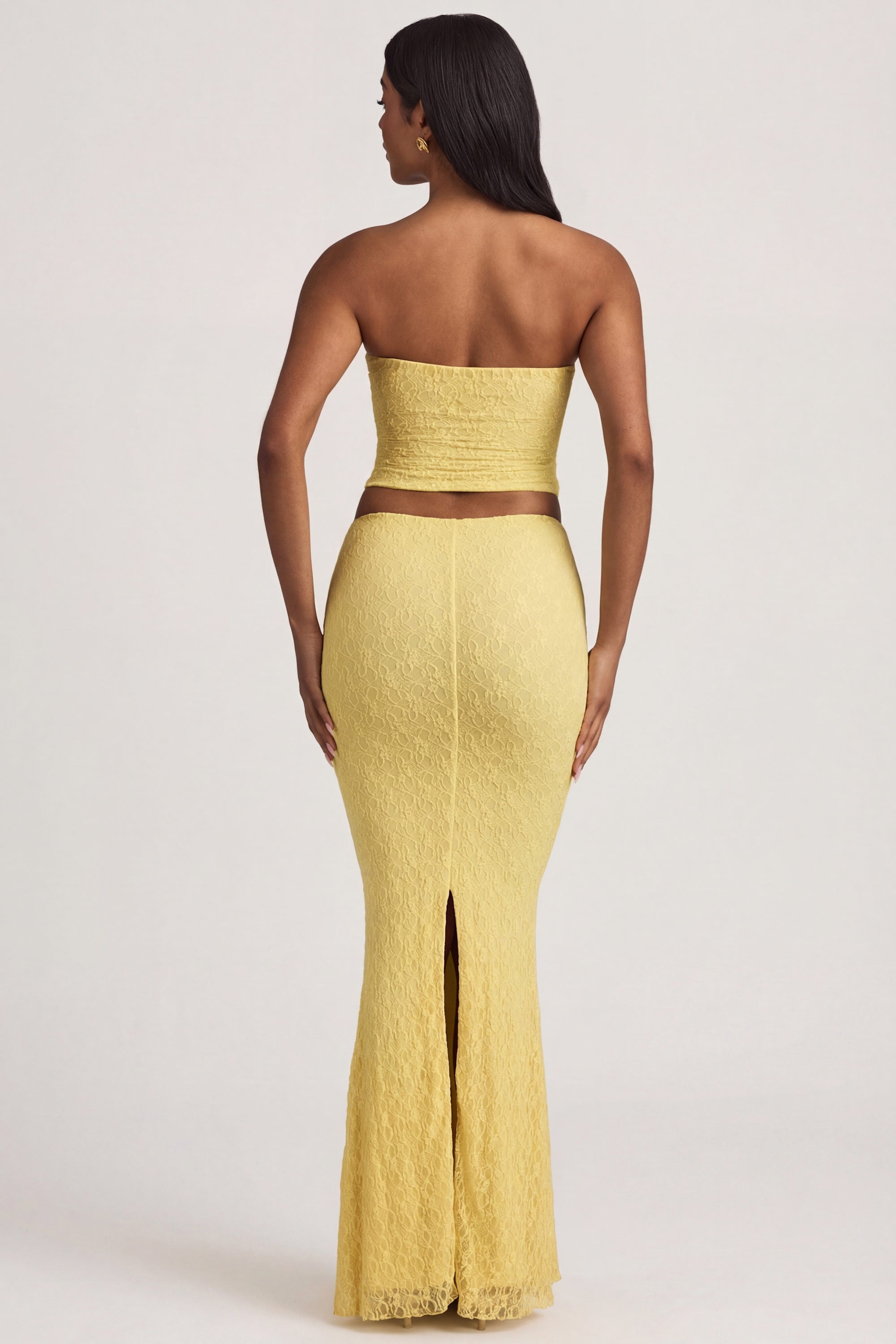 Draped Low-Rise Lace Maxi Skirt in Pastel Yellow