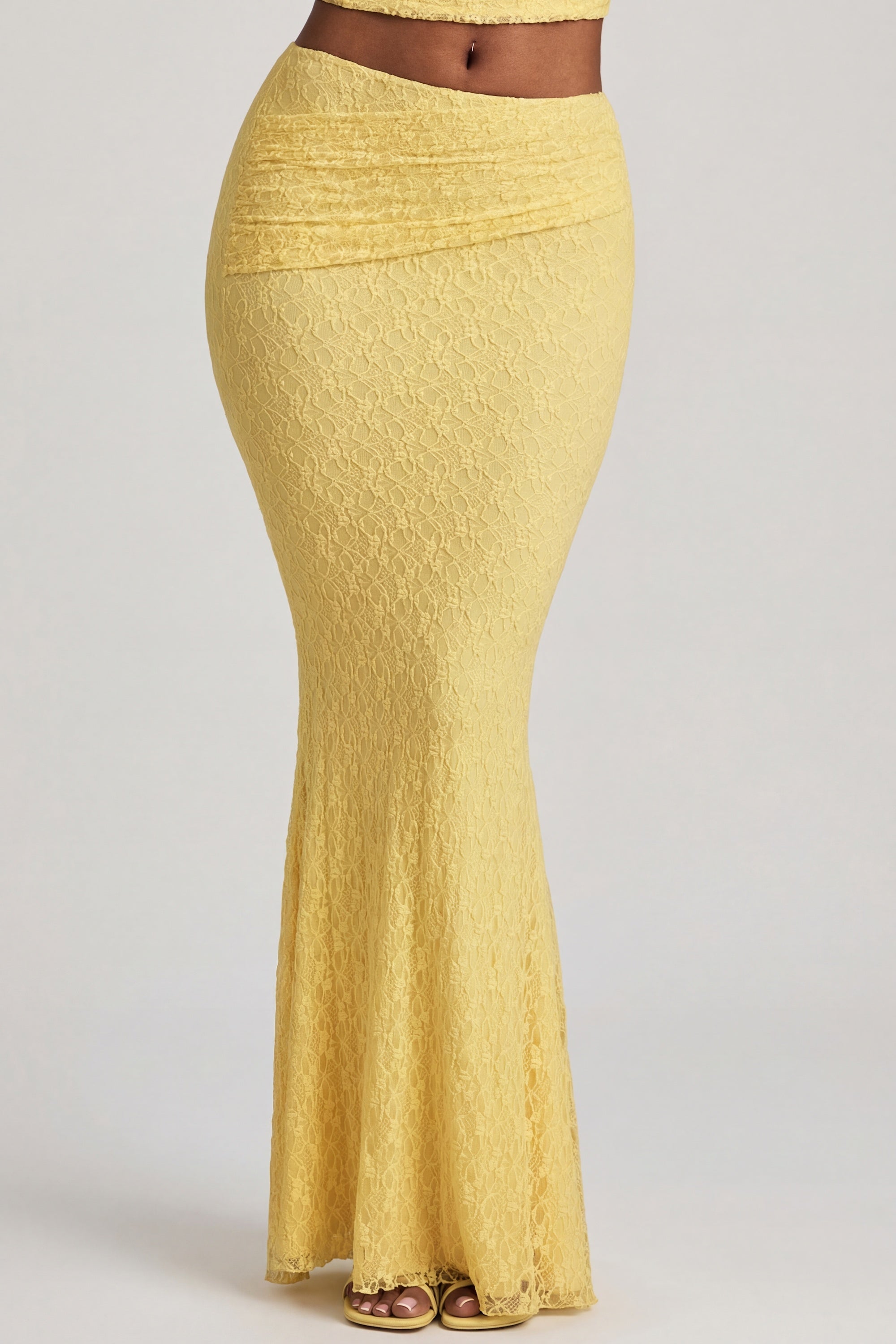 Draped Low-Rise Lace Maxi Skirt in Pastel Yellow