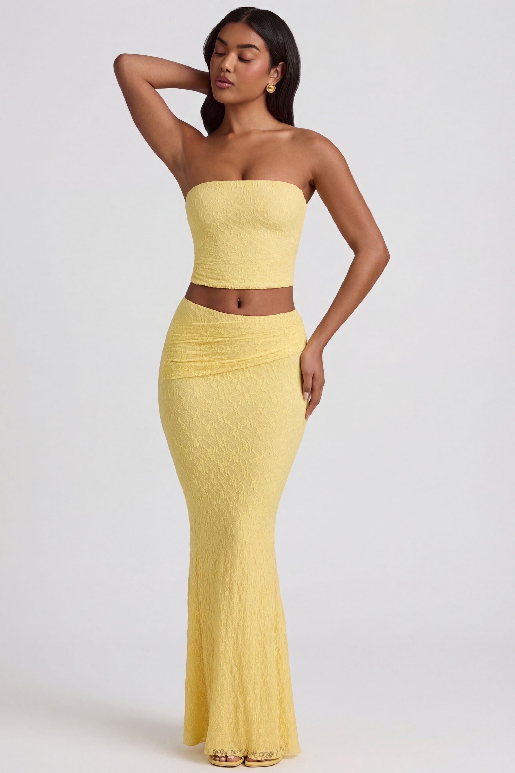 Draped Low-Rise Lace Maxi Skirt in Pastel Yellow