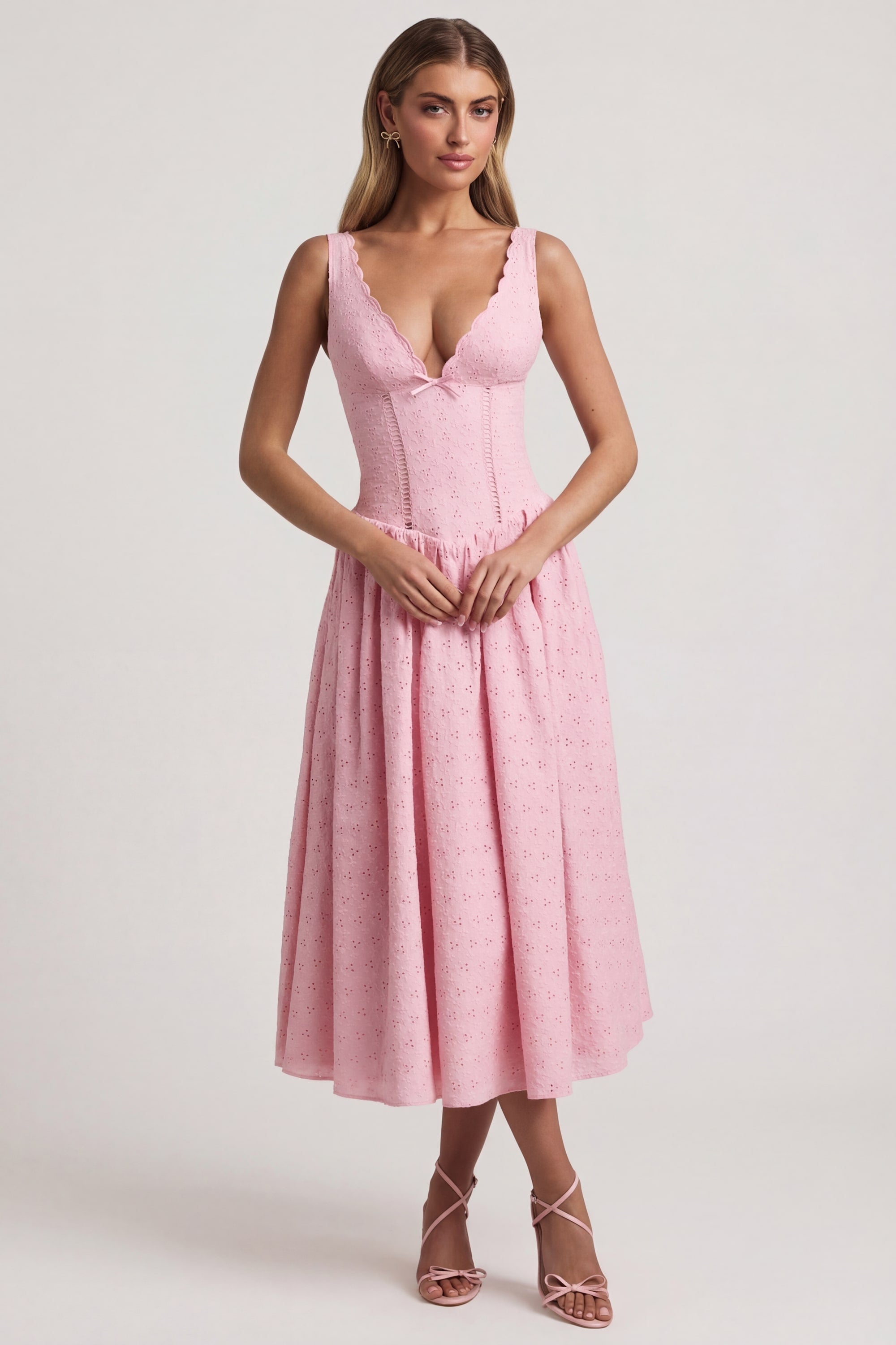 Broderie Anglaise Bow-Detail A-Line Midaxi Dress in Soft Pink