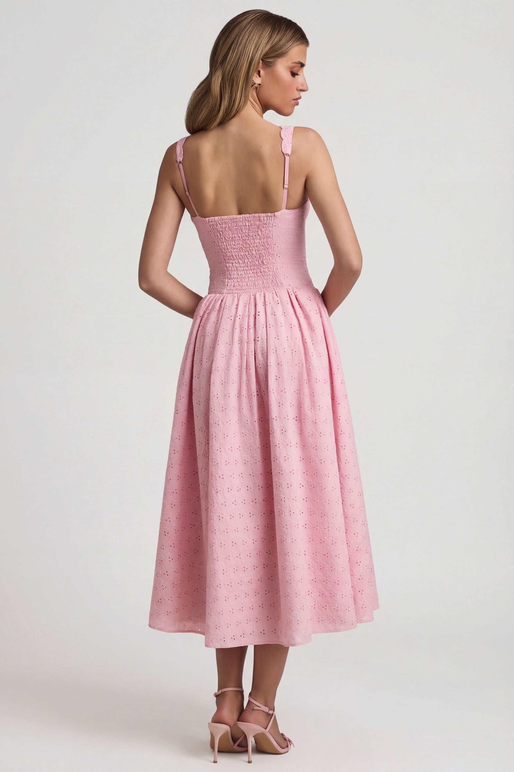 Broderie Anglaise Bow-Detail A-Line Midaxi Dress in Soft Pink
