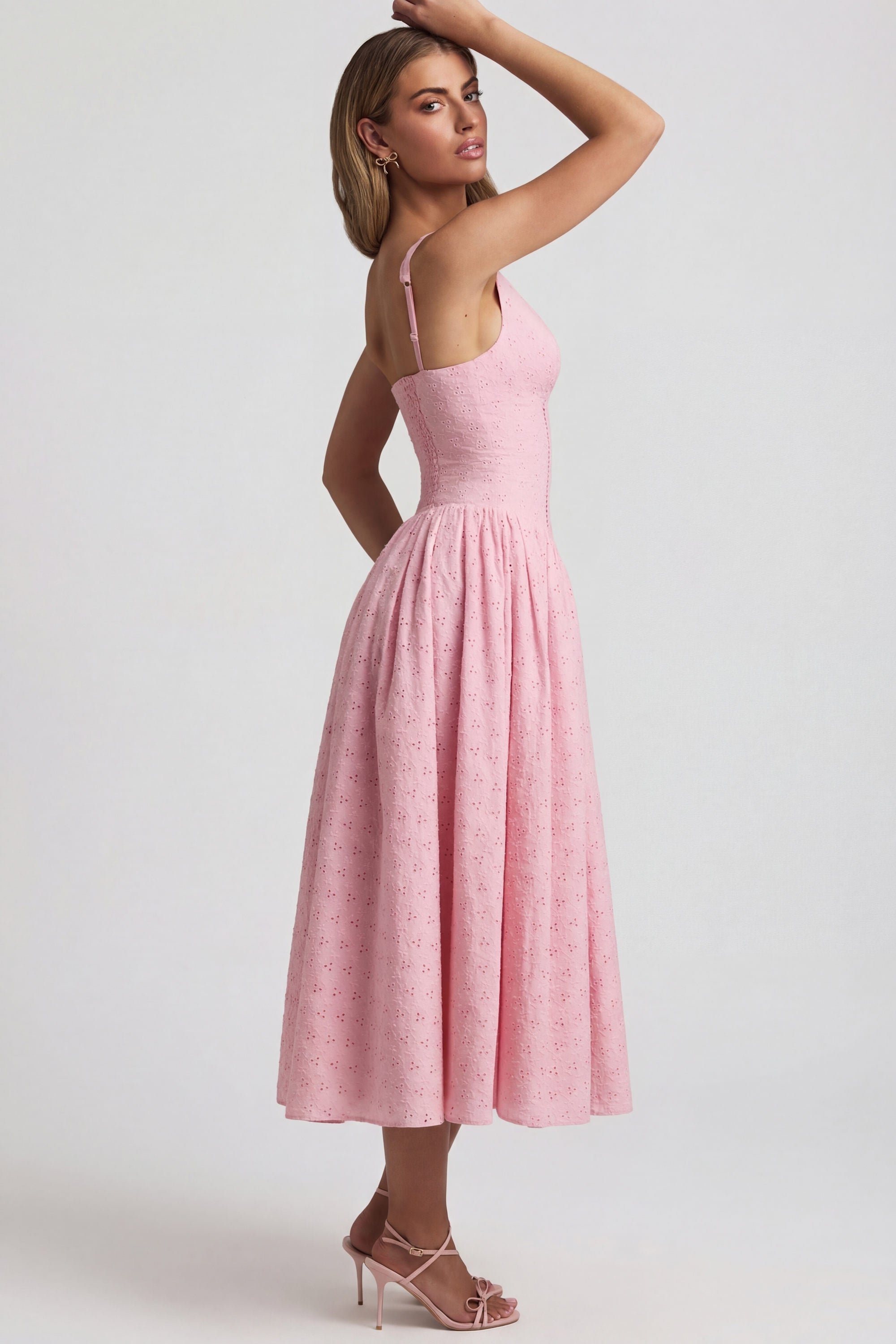 Broderie Anglaise Bow-Detail A-Line Midaxi Dress in Soft Pink
