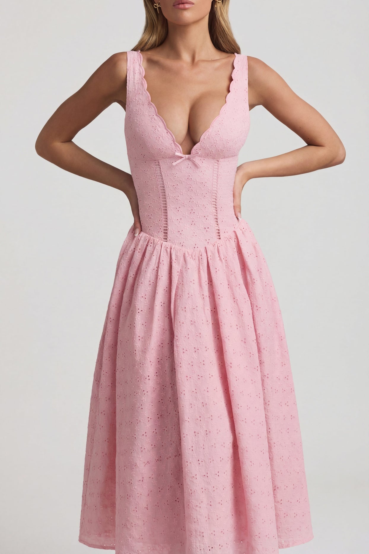 Broderie Anglaise Bow-Detail A-Line Midaxi Dress in Soft Pink - 5