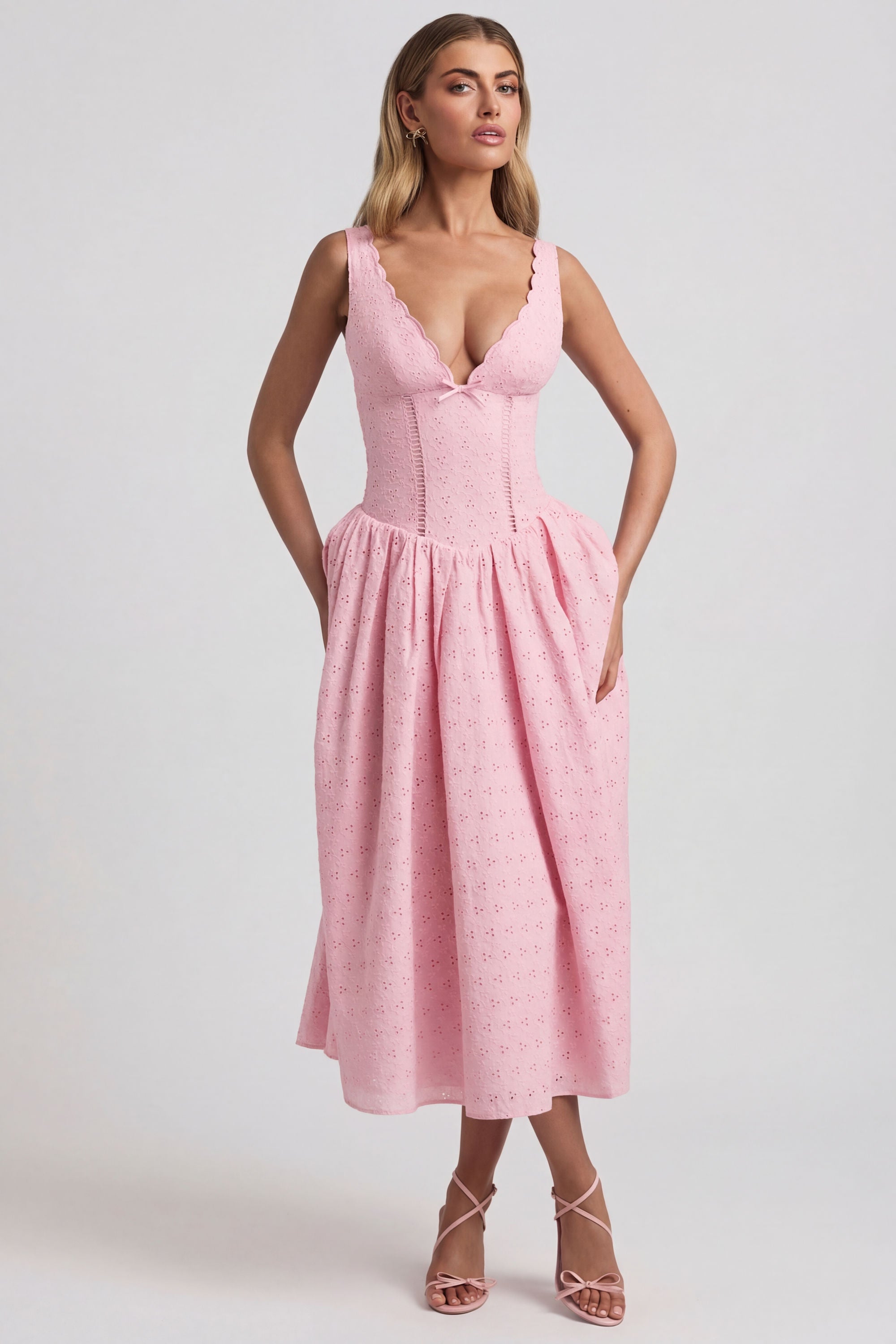 Broderie Anglaise Bow-Detail A-Line Midaxi Dress in Soft Pink - 2