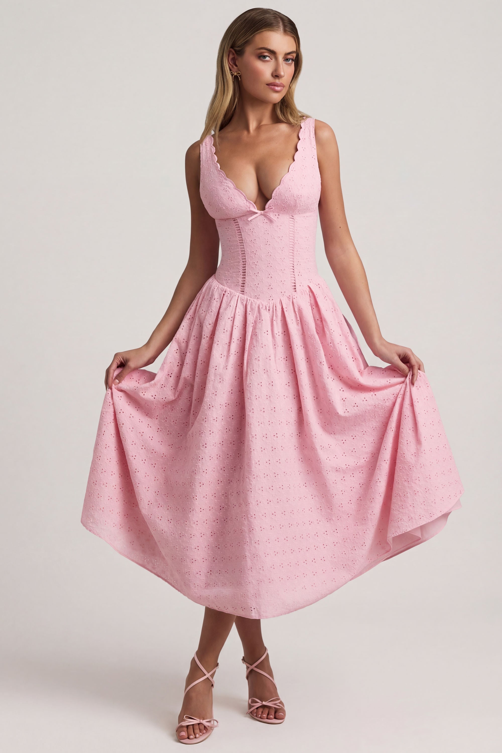 Saidey Broderie Anglaise Bow-Detail A-Line Midaxi Dress in Soft