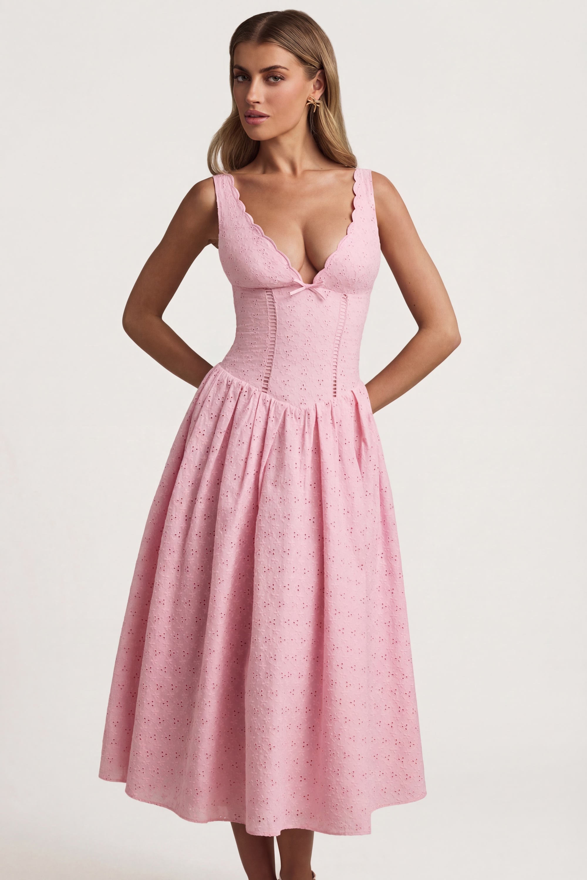 Broderie Anglaise Bow-Detail A-Line Midaxi Dress in Soft Pink