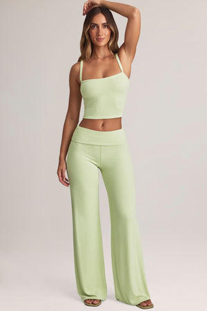 Modal Foldover Wide-Leg Trousers in Sage Green