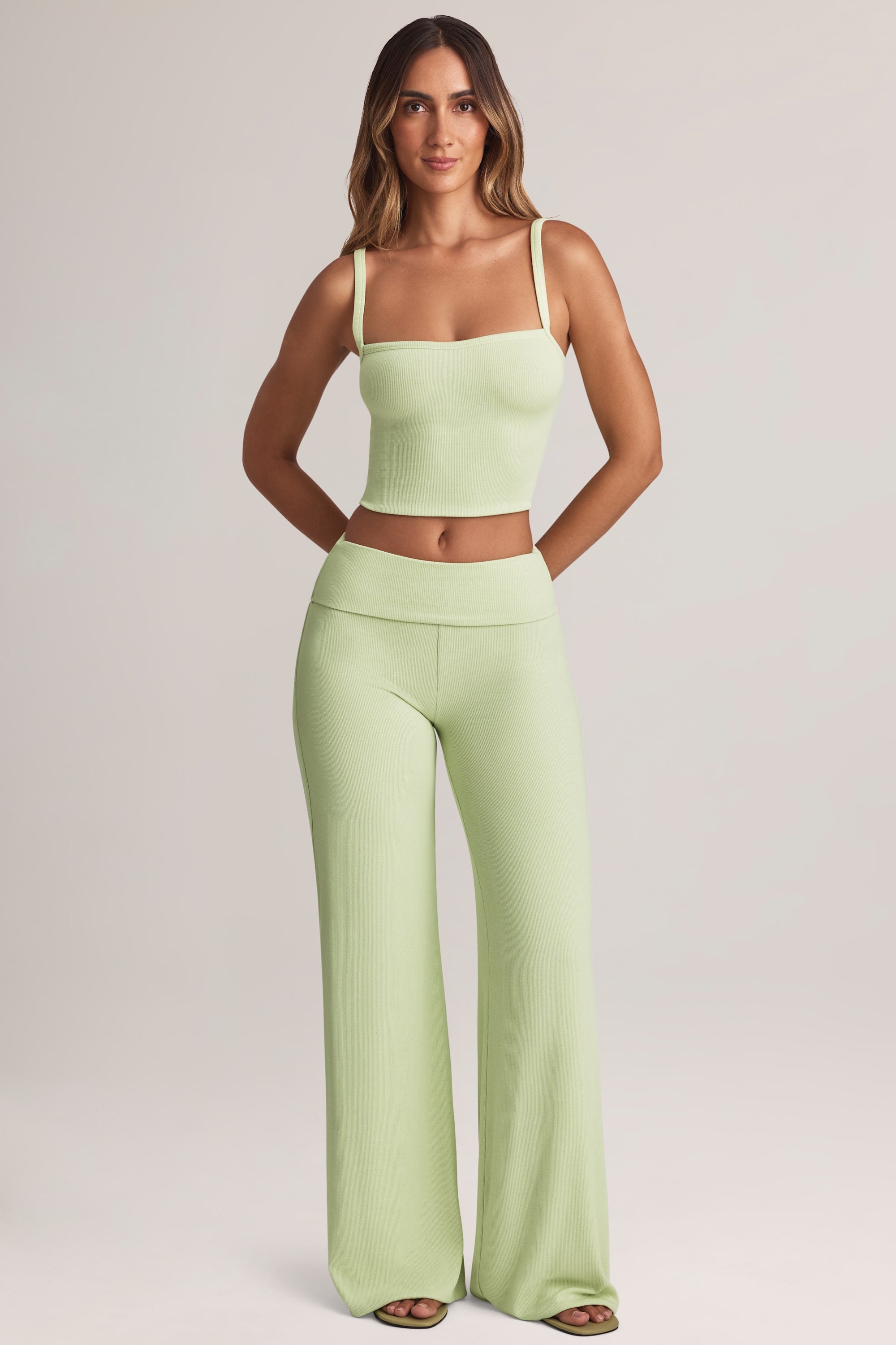 Melida Modal Foldover Wide-Leg Trousers in Sage Green | Oh Polly