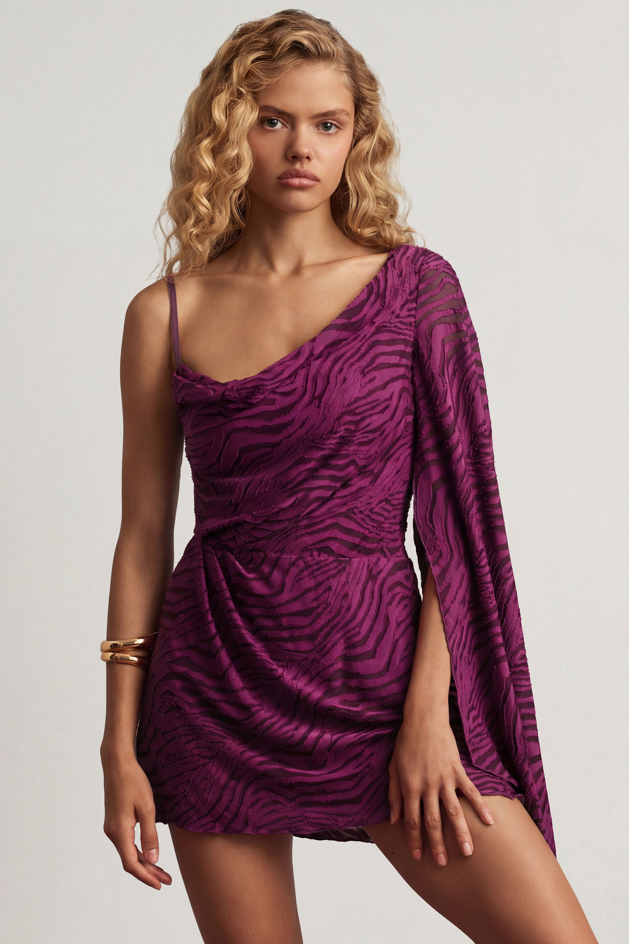 Devoré One-Sleeve A-Line Mini Dress in Berry Purple - 2