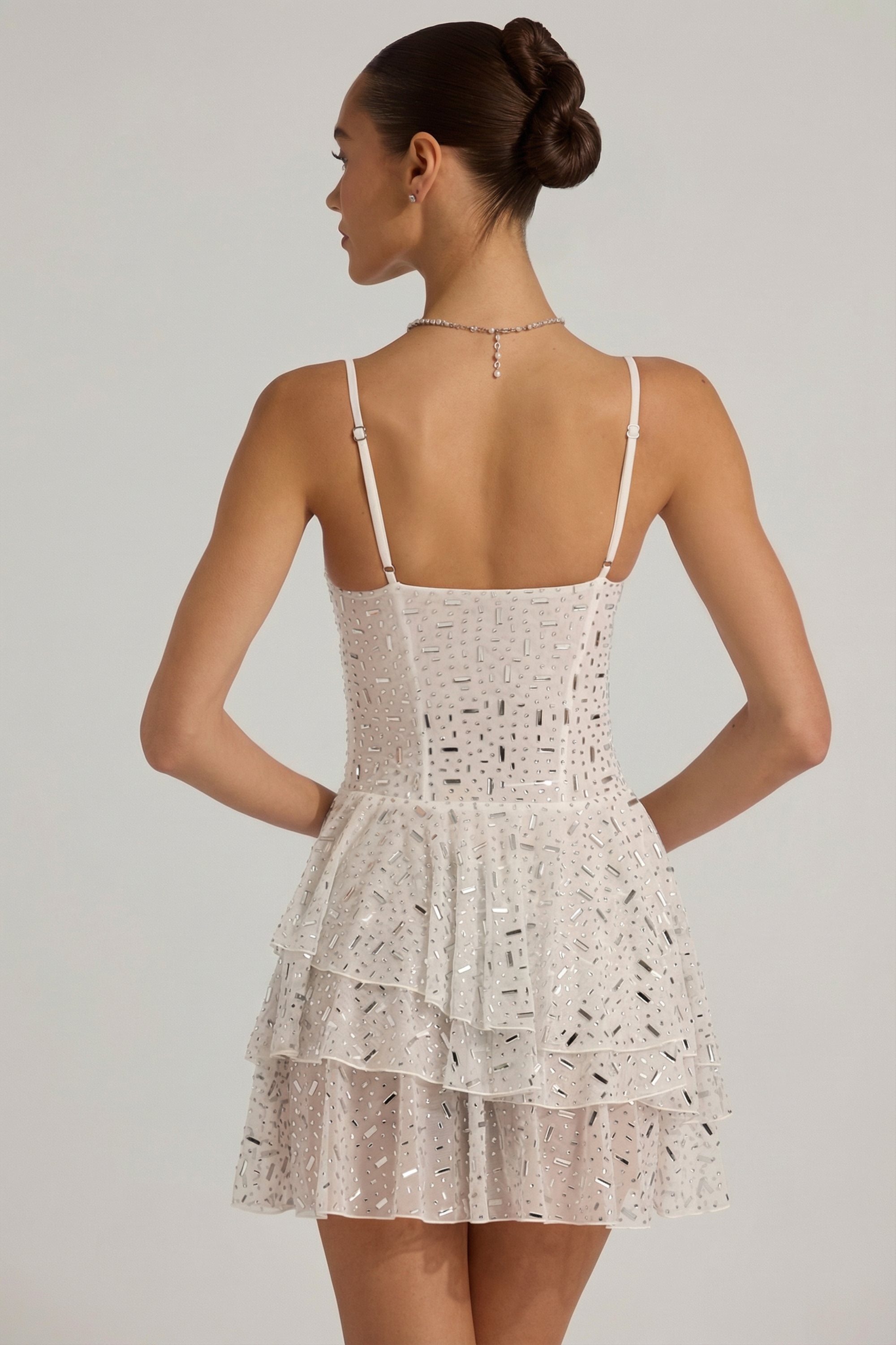 Embellished Ruffled Tiered Mini Dress in White