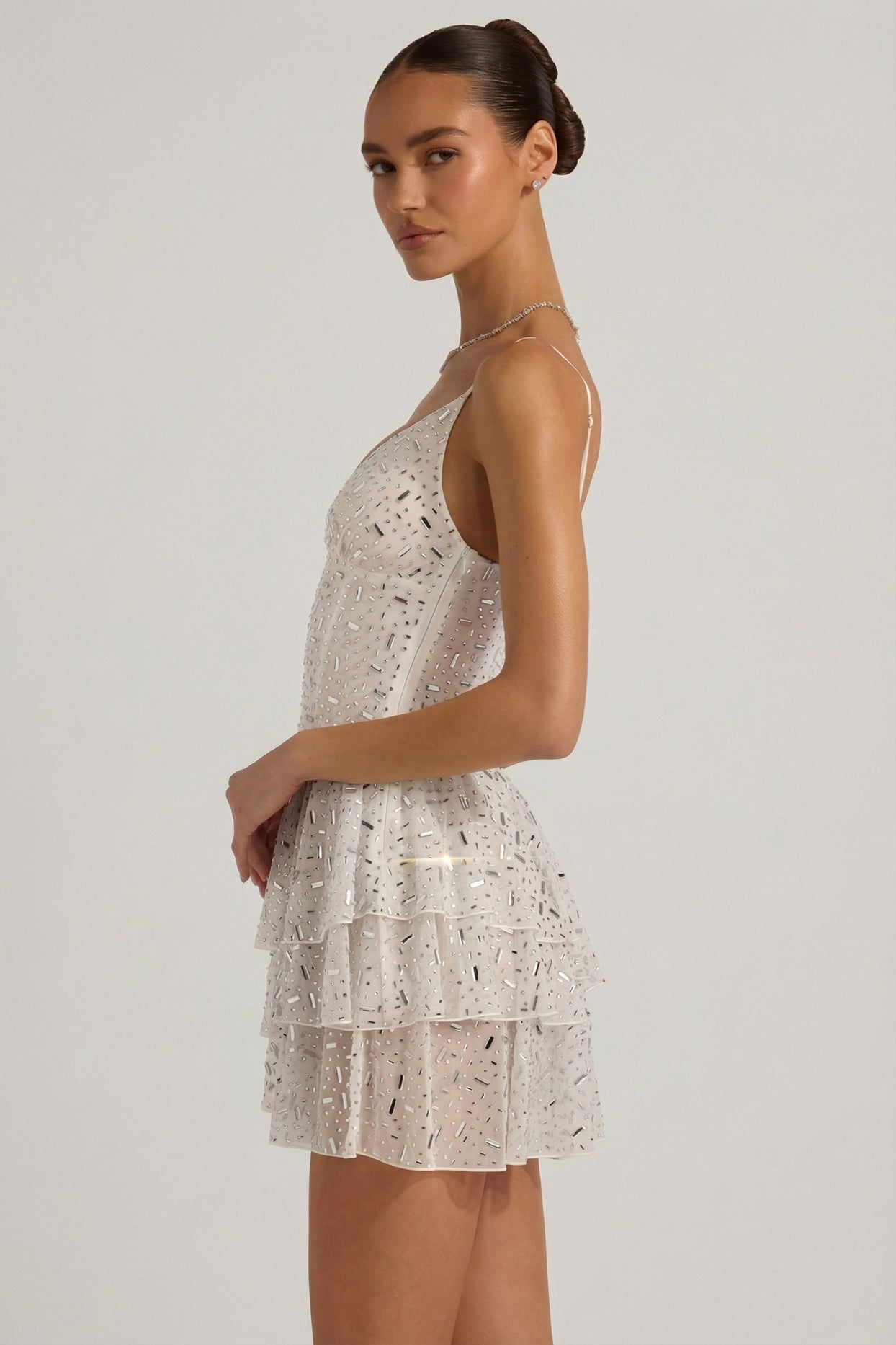 Embellished Ruffled Tiered Mini Dress in White - 5
