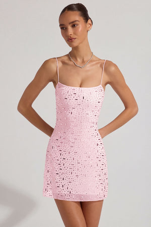 Oh Polly's Anna wearing the Averie Mini Dress in Pink Mesh fabric perfect for summer garden parties