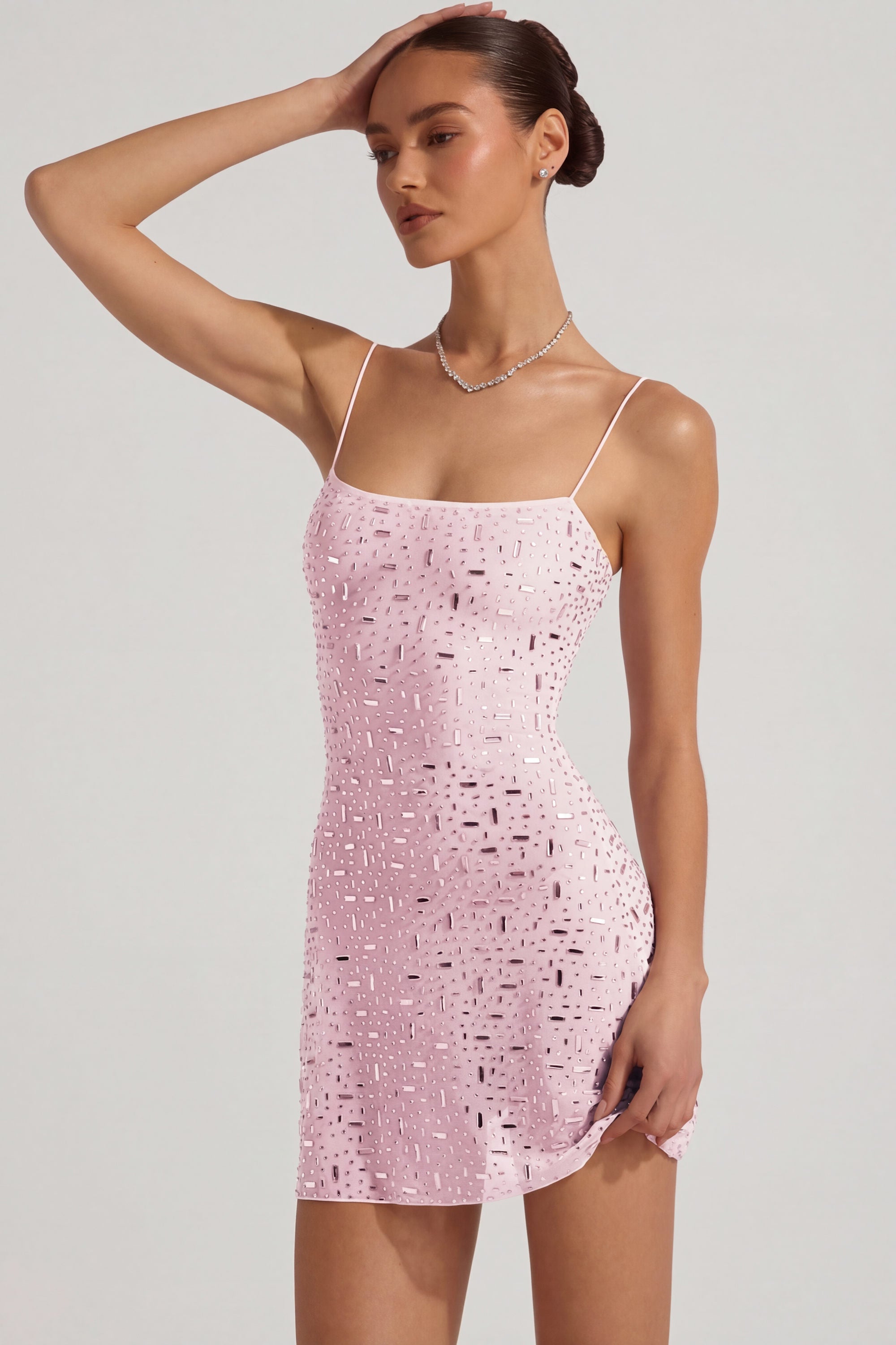 Sheer Embellished Square-Neck Mini Dress in Pink