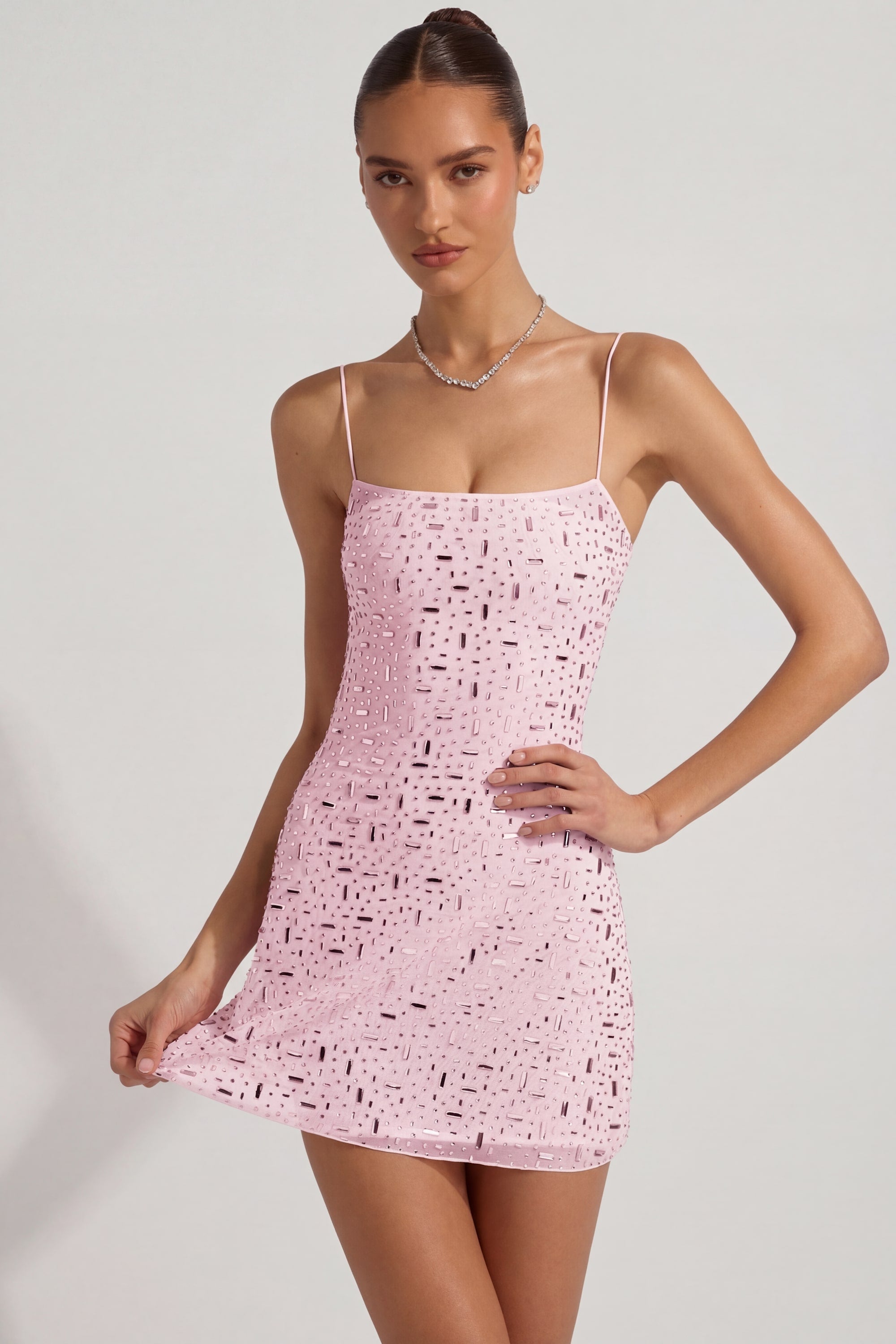 Sheer Embellished Square-Neck Mini Dress in Pink - 12