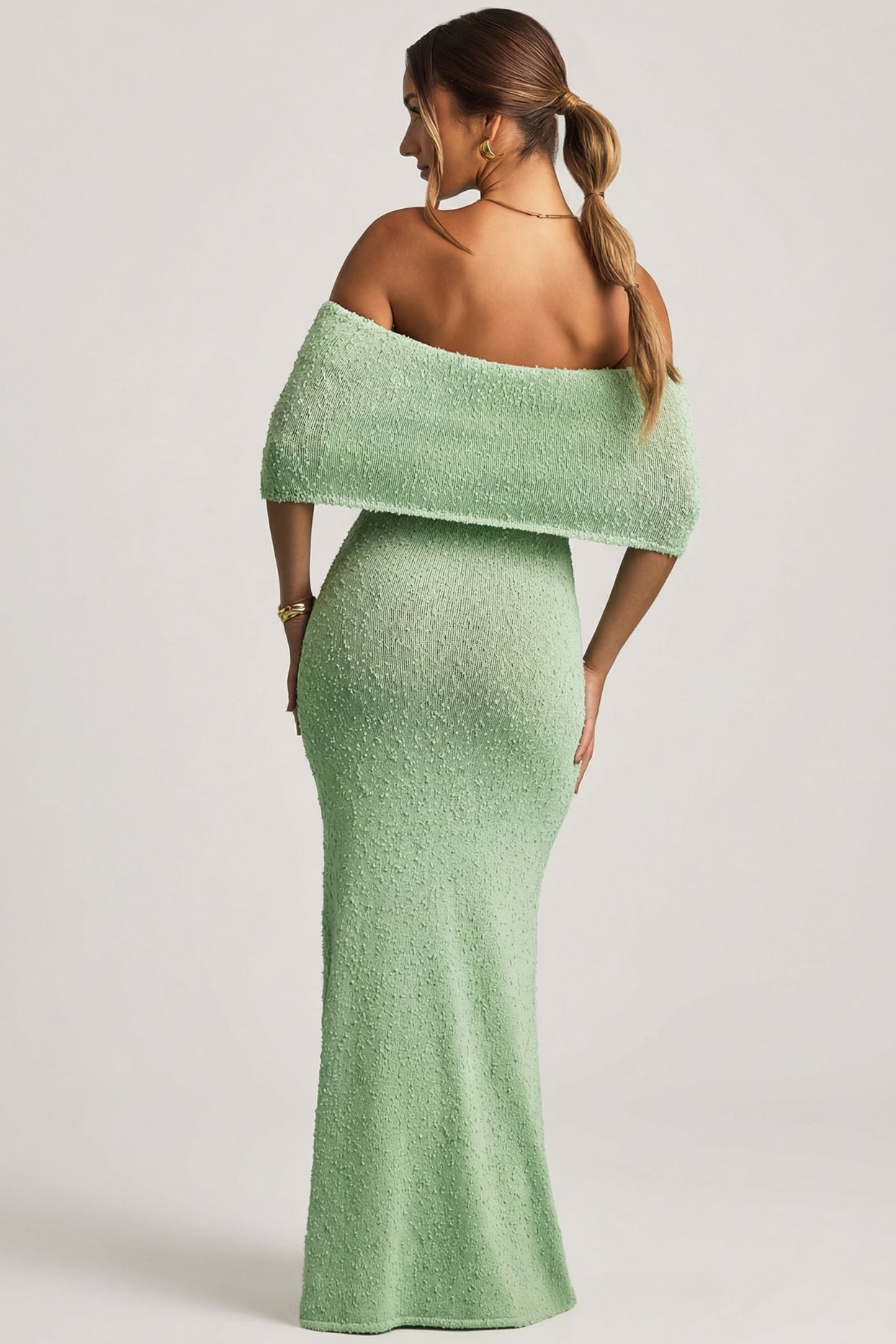 Bouclé Off-Shoulder Maxi Dress in Mint - 6