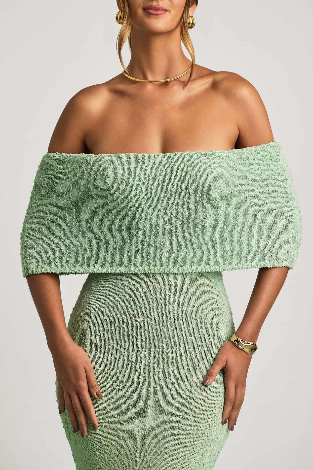 Bouclé Off-Shoulder Maxi Dress in Mint - 5
