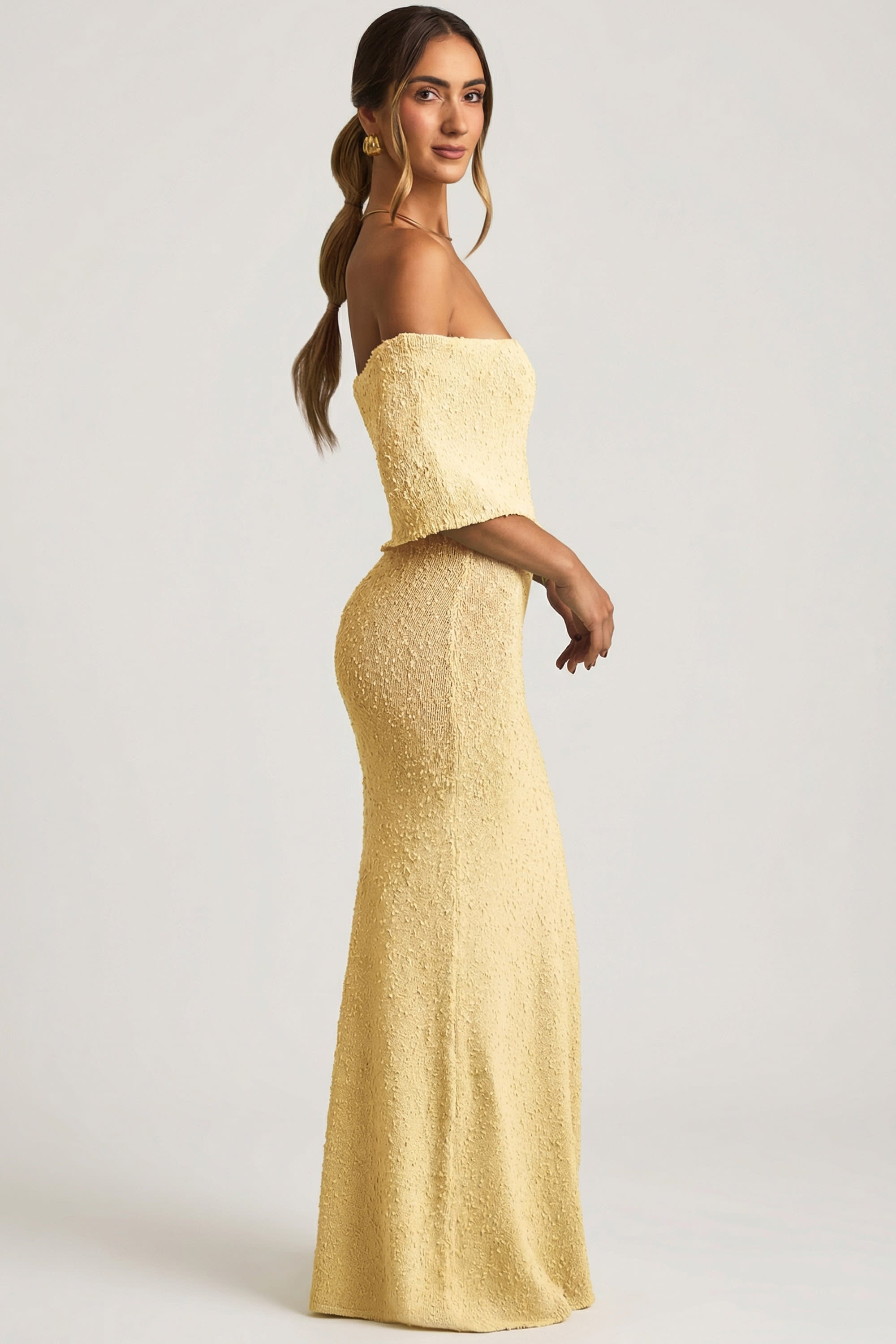 oh polly yellow dress Human Nurture Mini Floral Designed for unforgettable moments Boucl Off-Shoulder Maxi Dress in