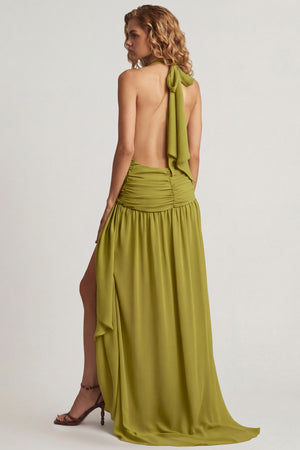Oh Polly's Juliana Nulu wearing the Oliana Maxi Dress in Olive Green Jersey fabric perfect for summer garden parties