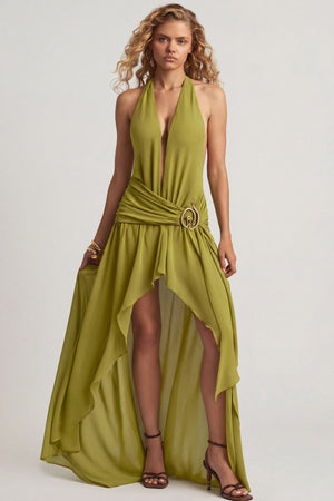Oh Polly's Juliana Nulu wearing the Oliana Maxi Dress in Olive Green Jersey fabric perfect for romantic dinner dates