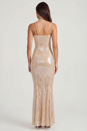 Oh Polly's Roberta wearing the Sima Maxi Dress in Pale Peach Sequin, Lace fabric perfect for summer weddings