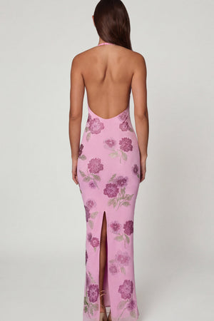 Oh Polly's Roberta wearing the Gyda Maxi Dress in Ballet Pink Mesh, Square Hotfix fabric, perfect for a glamorous evening event