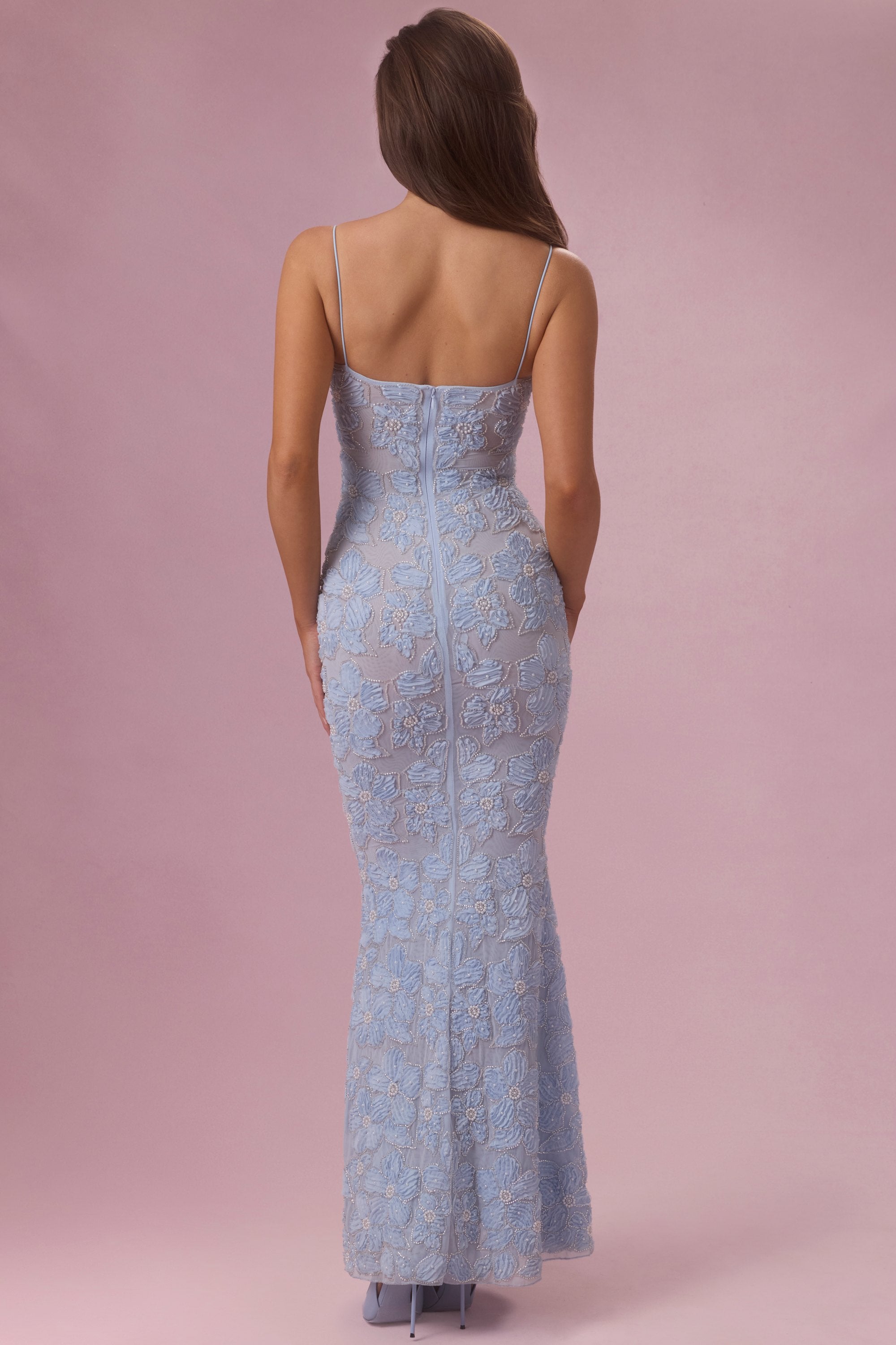 Valora Embellished Square Neck Maxi Dress in Powder Blue | Oh