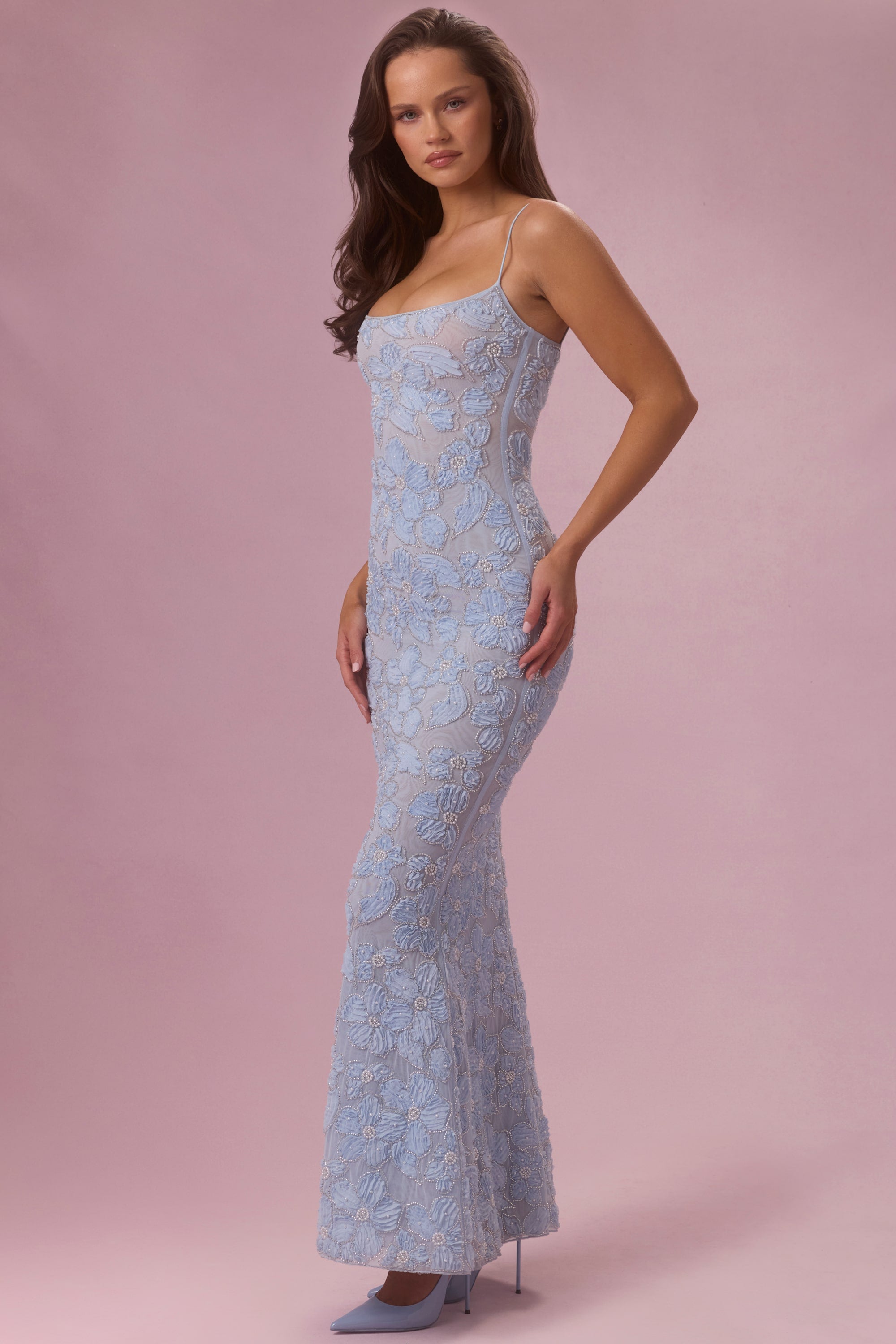 Embellished Square Neck Maxi Dress in Sky Blue - L
