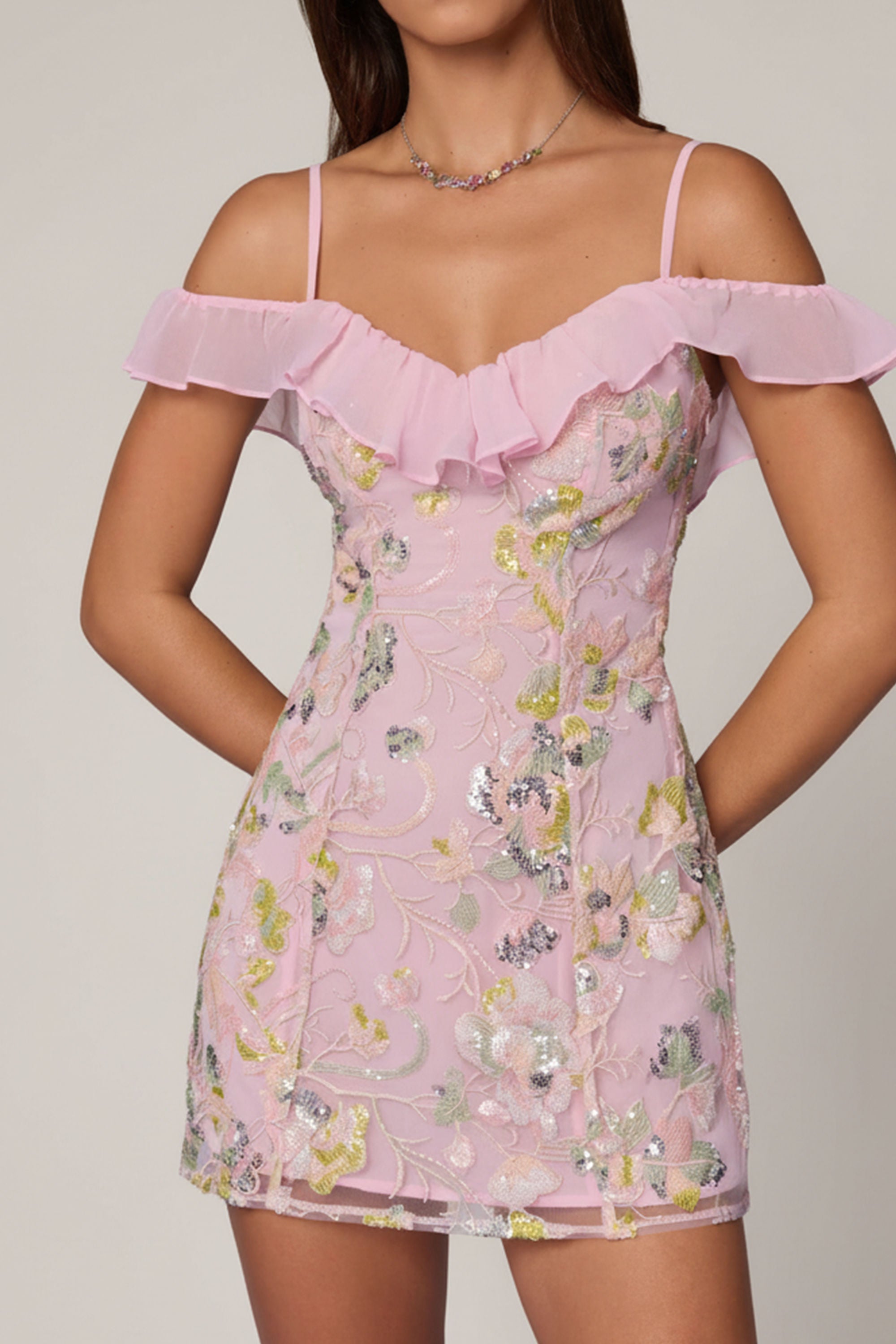 Jacira Embellished Lace-Up A-Line Mini Dress in Soft Pink | Oh