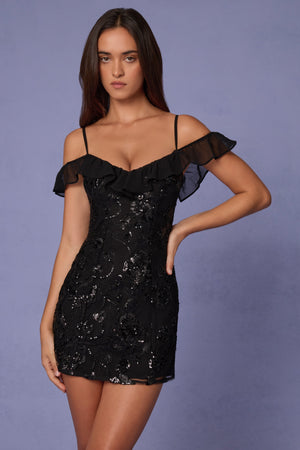 Embellished Lace-Up A-Line Mini Dress in Black