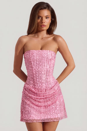 Embellished Draped Strapless A-Line Mini Dress in Pink - 12 | Oh Polly Embellished Draped Strapless A-Line Mini Dress in Pink - 12 | Oh Polly